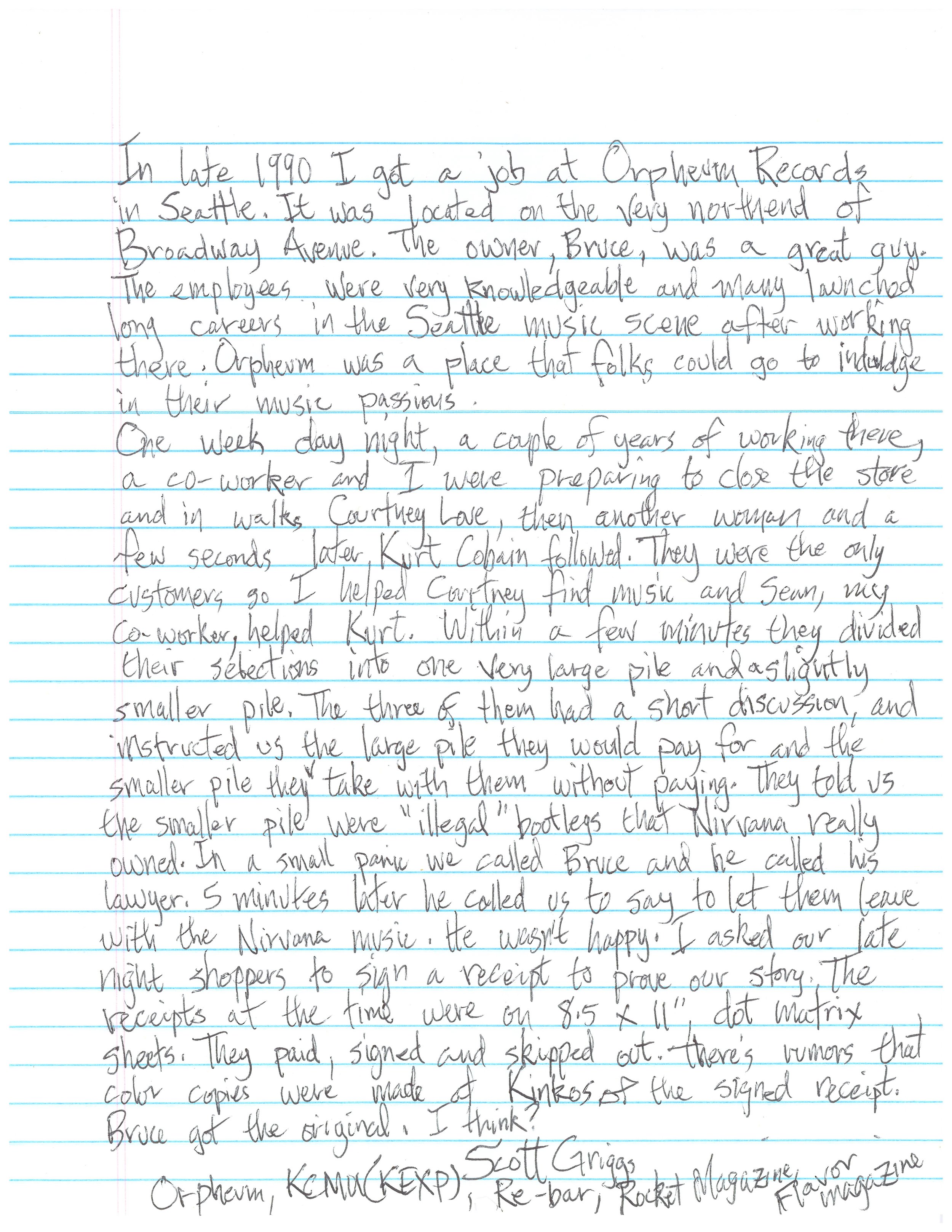 hand written letter that corresponds with the transcript