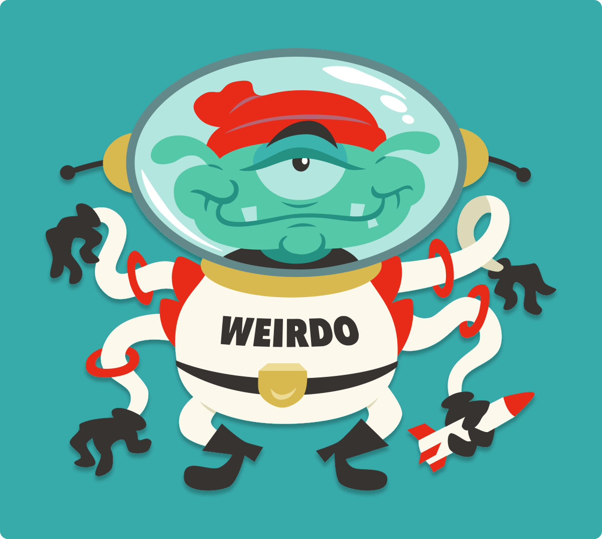 Mascot Wally Weirdo, wearing an astronaut's outfit with a rocket in one of his hands.