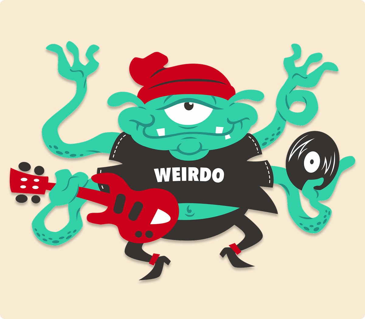 Mascot Wally Weirdo, a friendly green monster with one eye and 4 arms ,holding a guitar in one hand and a record in the other.