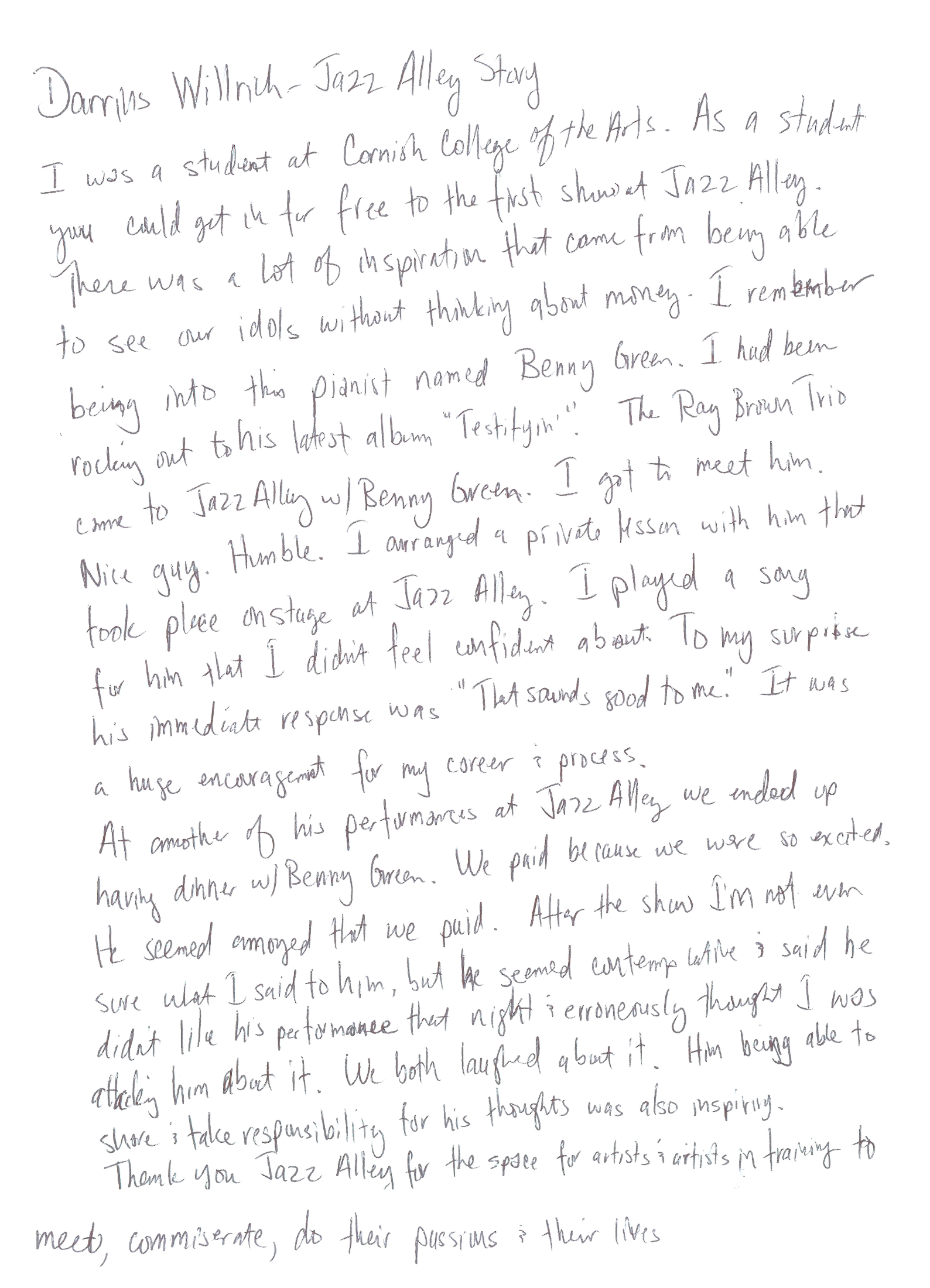 hand written letter that corresponds with the transcript