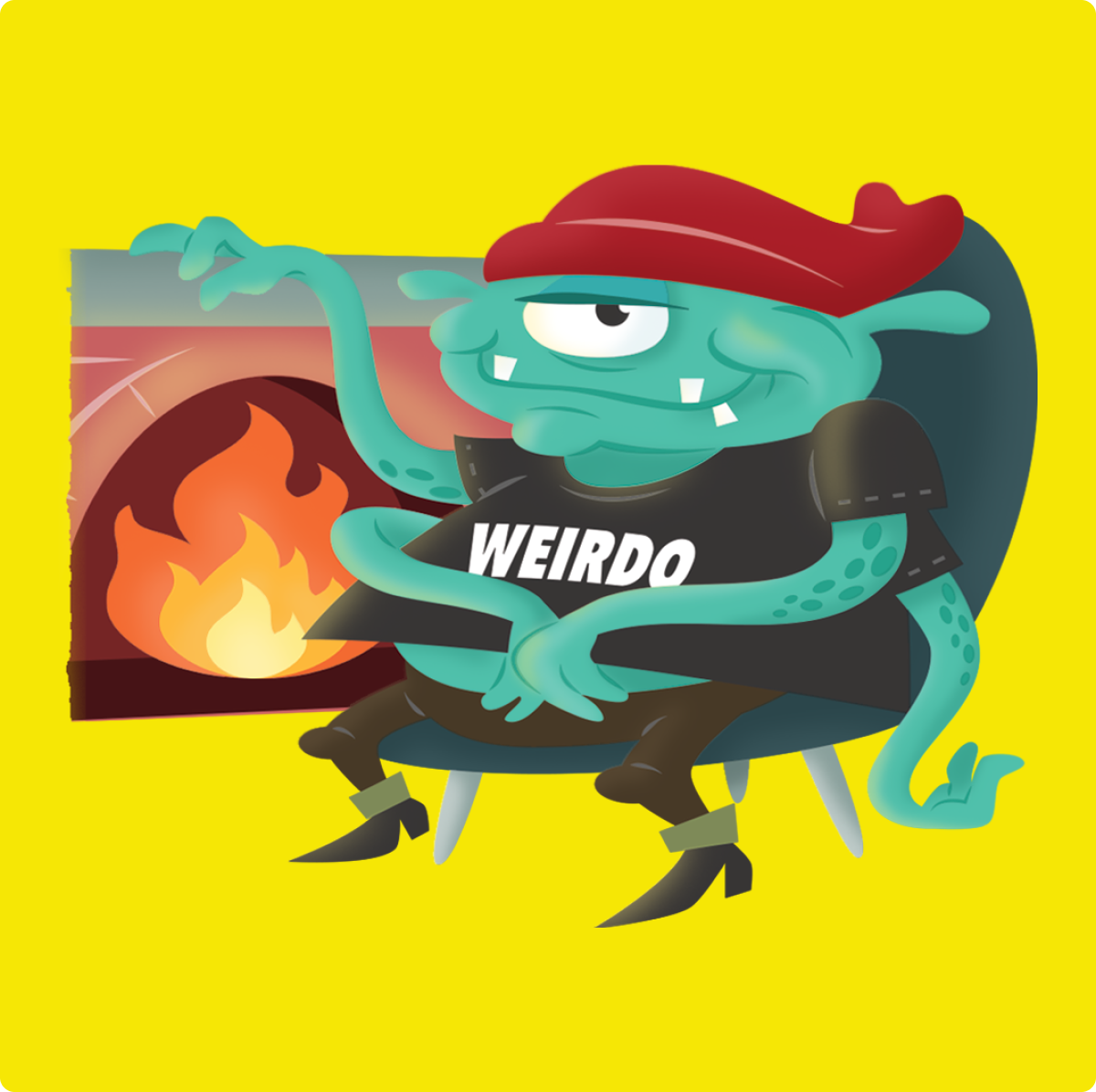 Mascot Wally Weirdo, in front of a fireplace seated, getting warm.