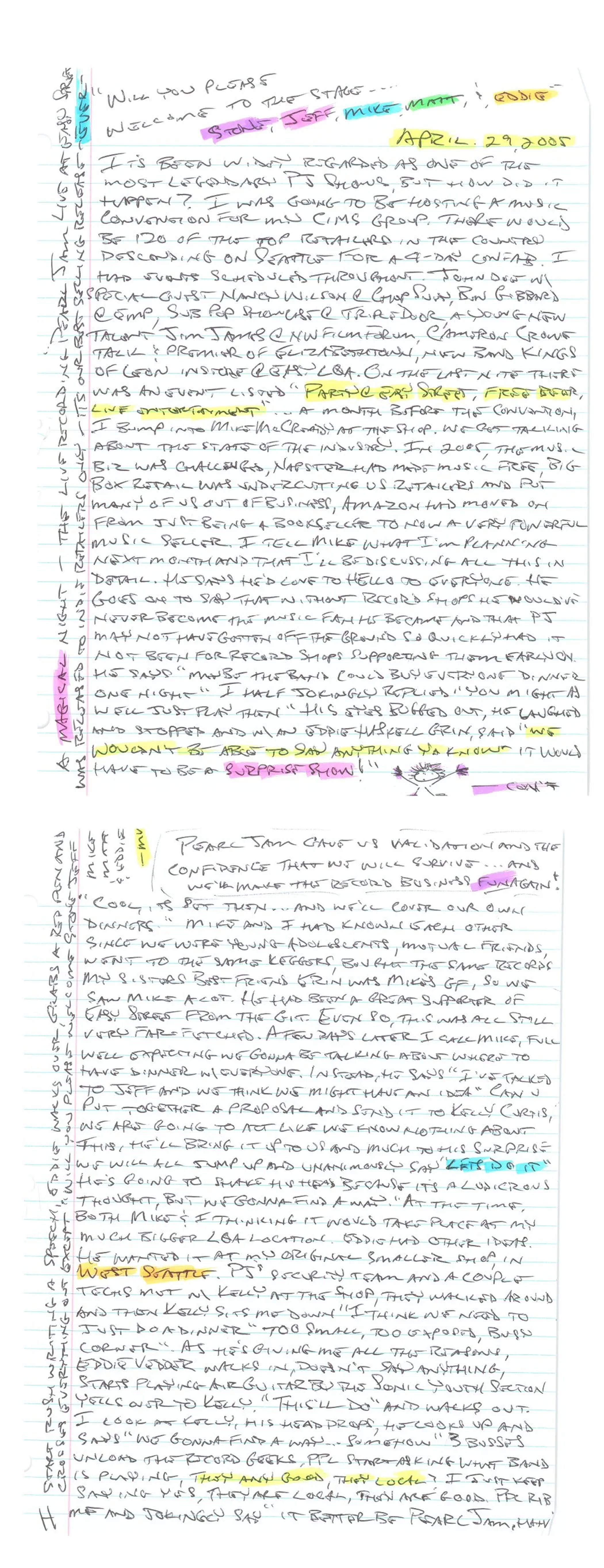 hand written letter that corresponds with the transcript with a doodle of a man and different words are highlighted in neon highlighter markers