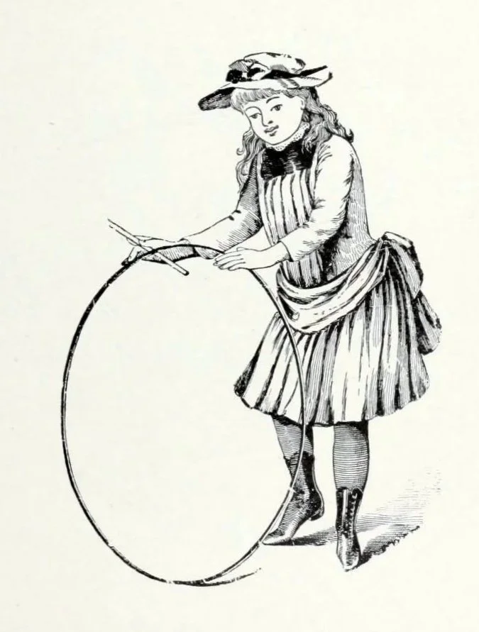 Vintage line drawing of a young girl dressed in historical clothing, holding and holding a large hoop to play Hoop and Stick.