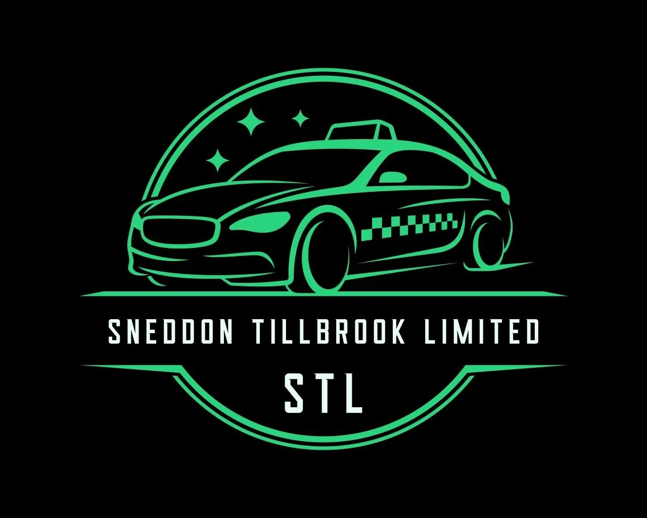 Neon green outline of a police car with a light on top, stars around it, and a checkered pattern on the side, with the text 'Sneddon Tillbrook Limited STL' beneath.