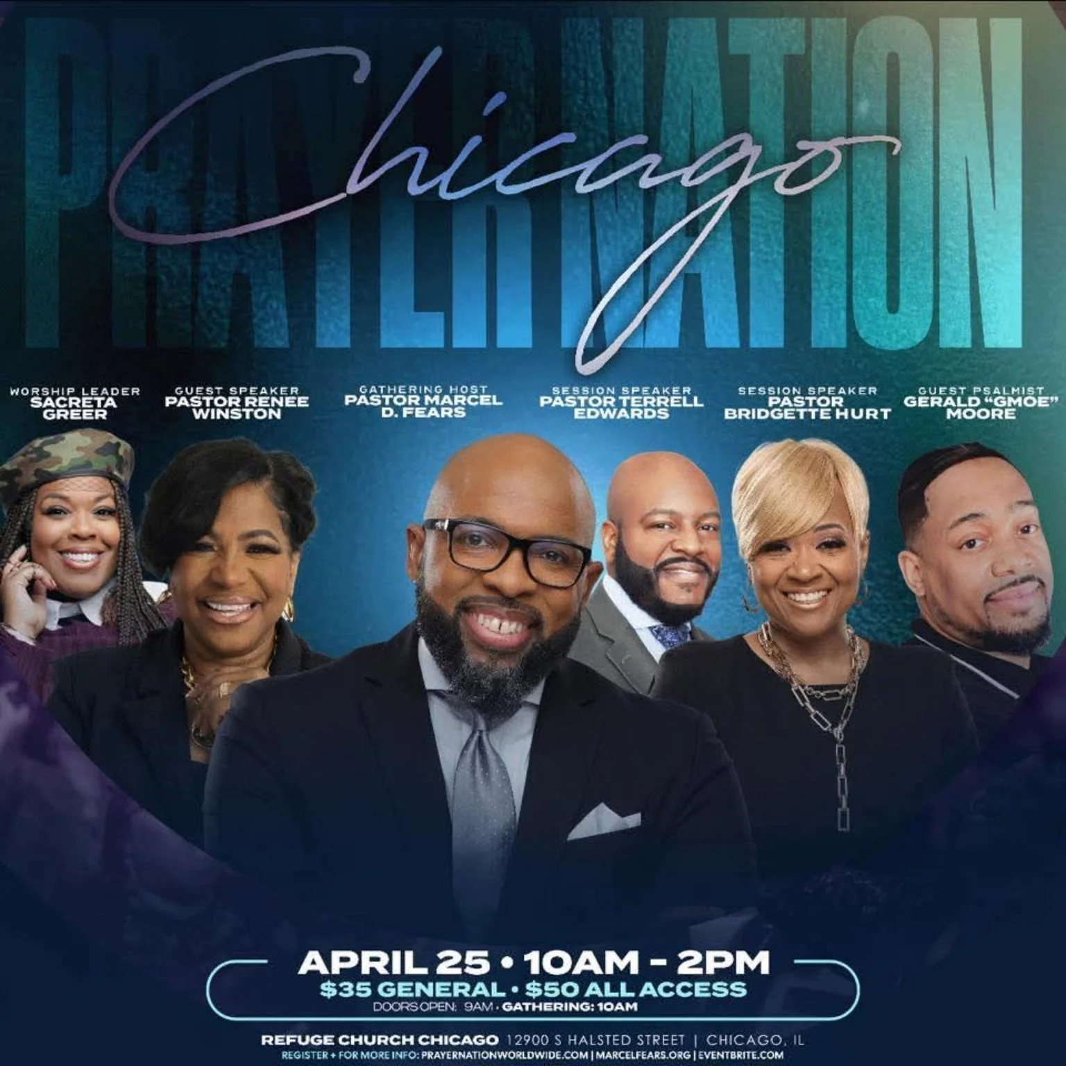 Promotional poster for a church event scheduled for April 25th from 10AM to 2PM at Refuge Church Chicago, featuring headshots of speakers and organizers. The poster includes details about the event, such as admission costs of $35 for general and $50 for all access, and the doors opening at 9AM with gathering at 10AM.