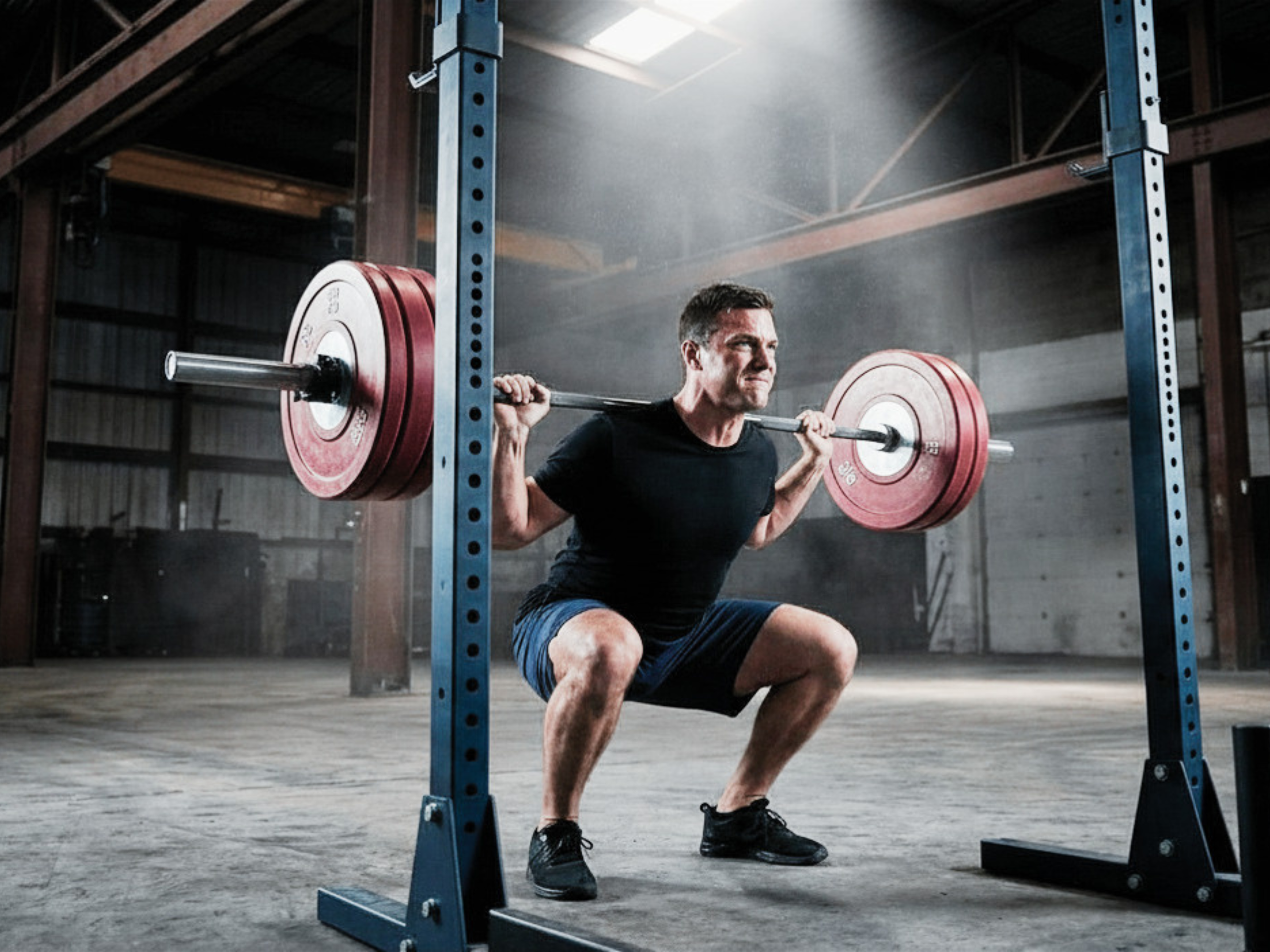 Middle age man performing heavy squat in a industrial setting