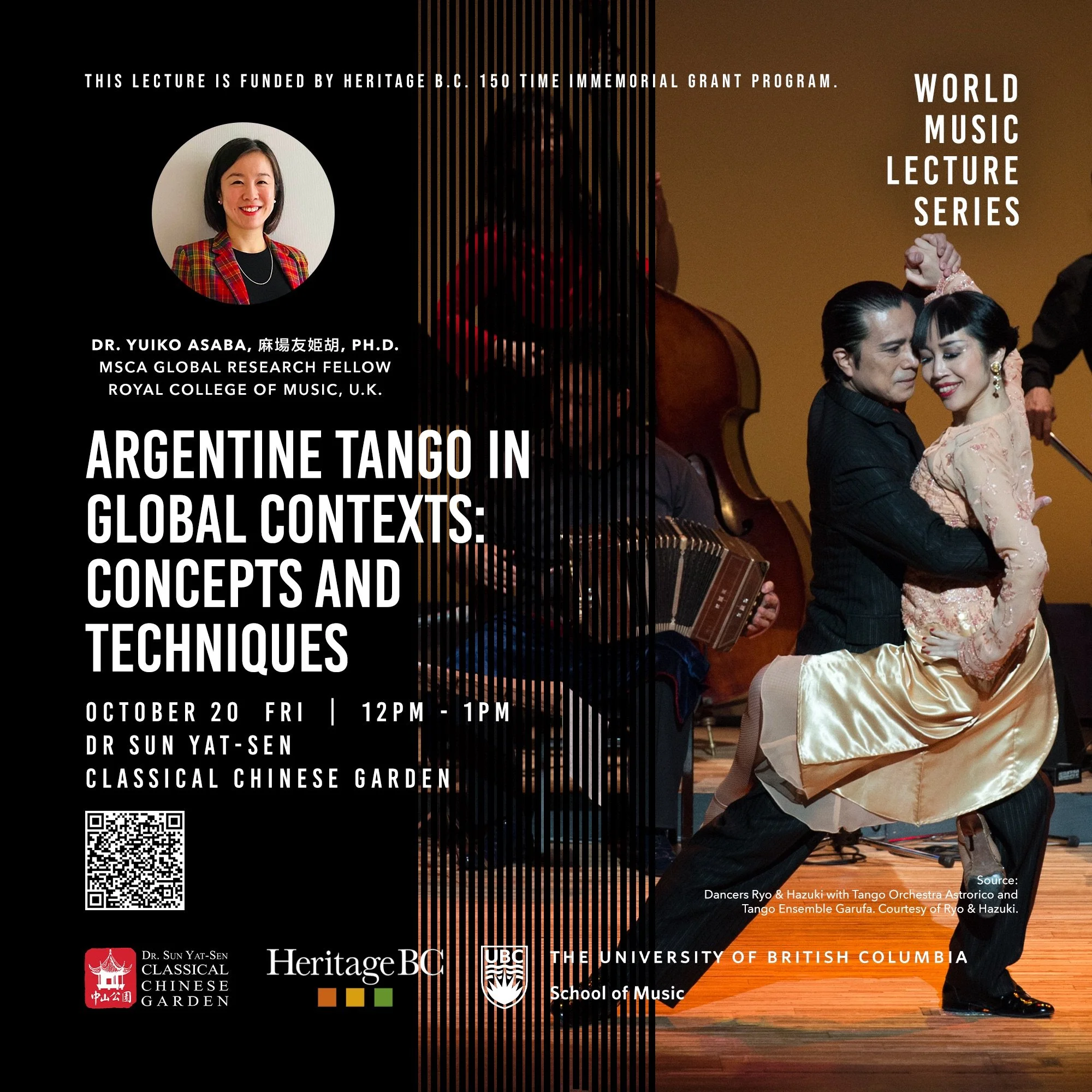Poster for a world music lecture series titled 'Argentine Tango in Global Contexts: Concepts and Techniques' featuring Dr. Yuiko Asaba, Ph.D., and a photo of a tango couple dancing with musicians in the background. The event is scheduled for October 