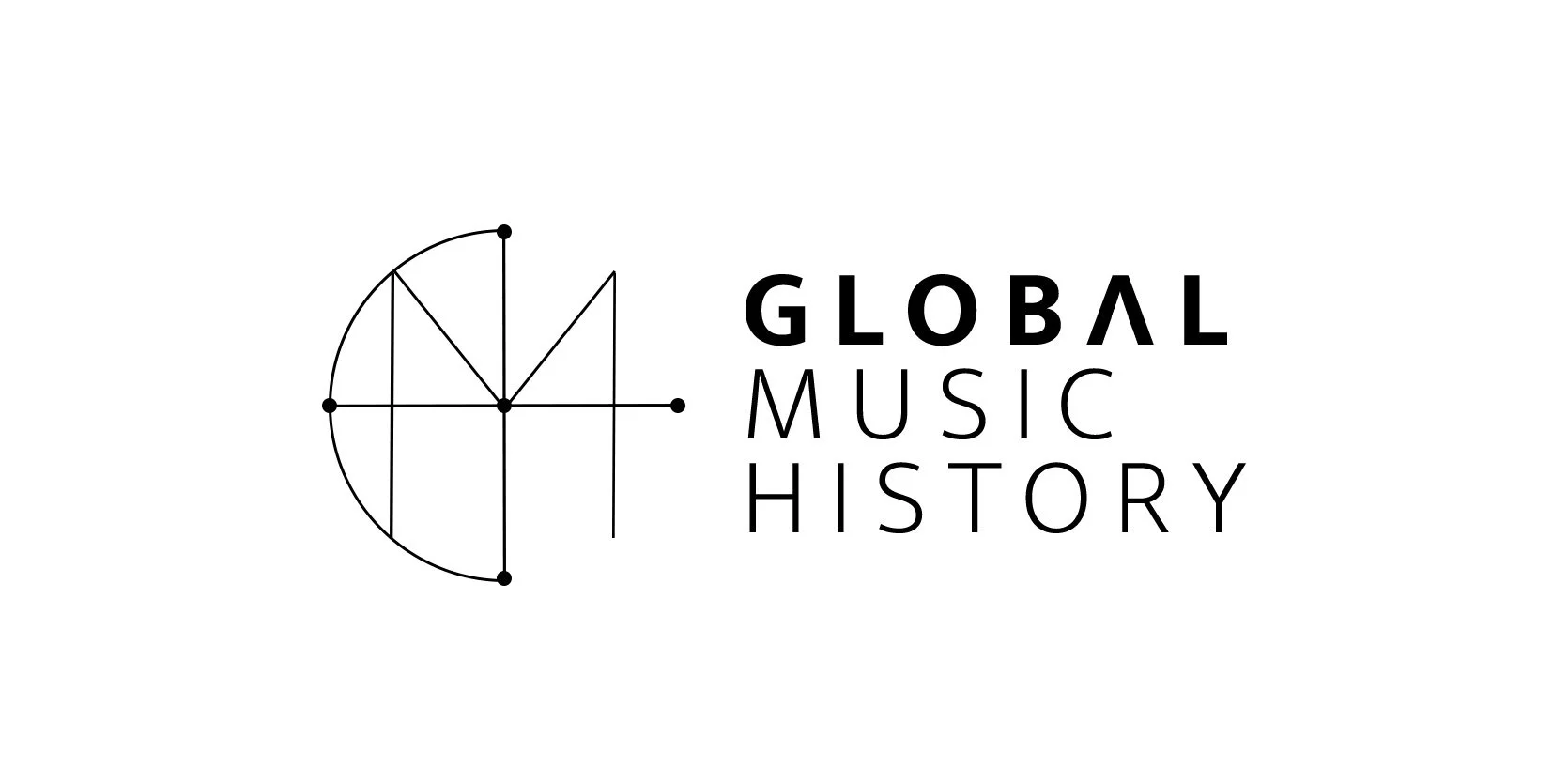 Logo for 'Global Music History' featuring a stylized globe with interconnected lines to the left of the text.