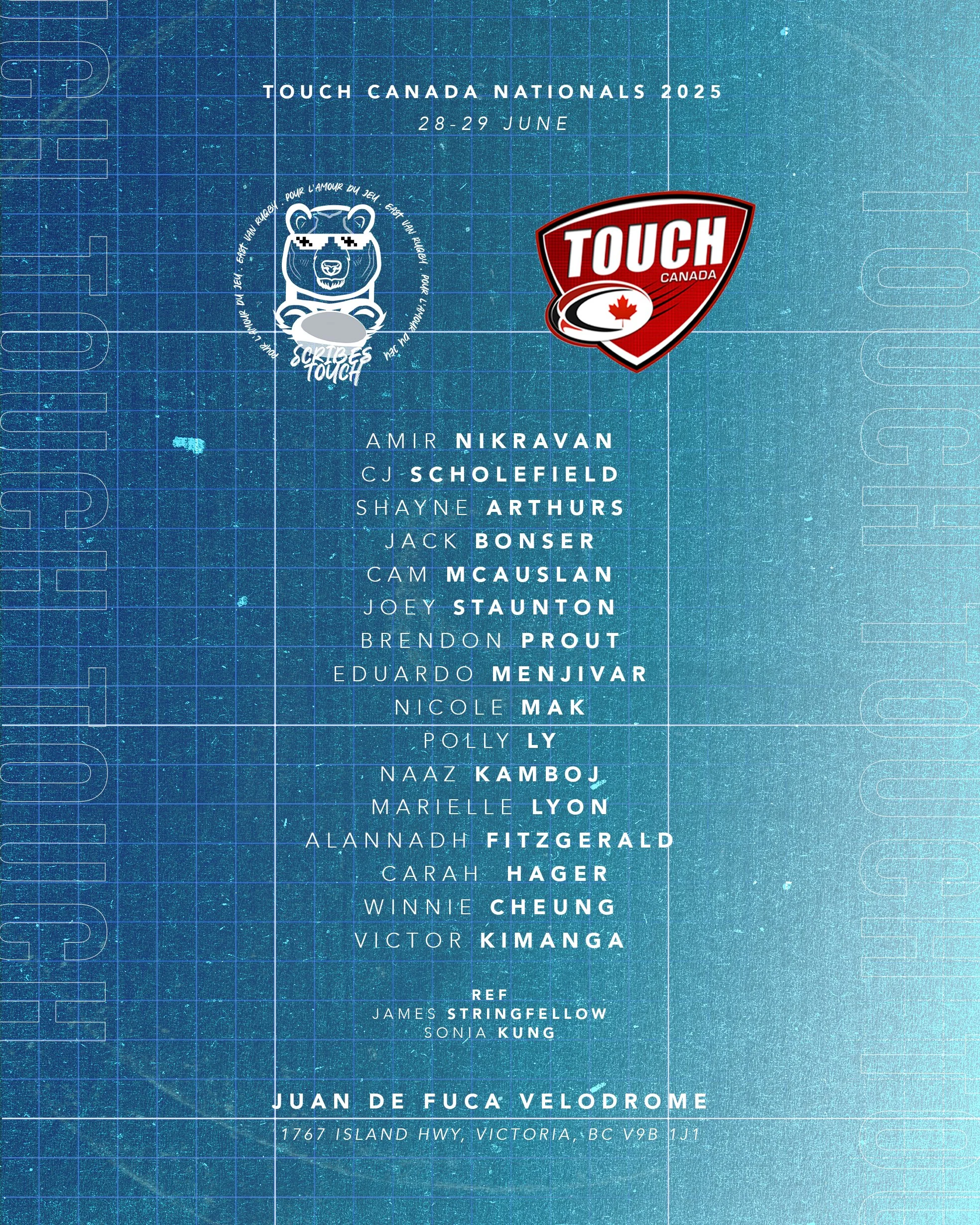 Schedule for Touch Canada Nationals 2025, June 28-29, featuring the event logo, a cartoon bear with sunglasses, and the names of participating team members, organized on a blue grid background.