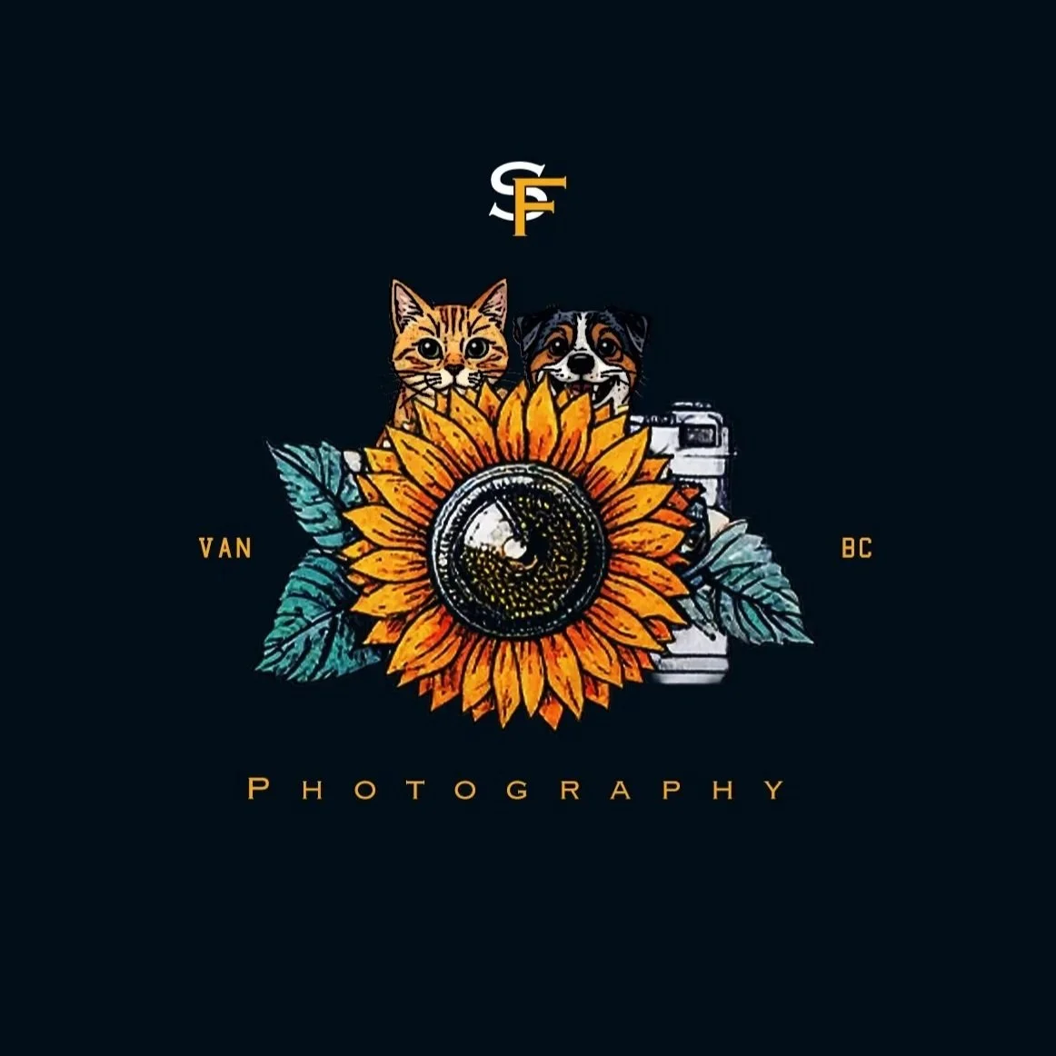 Logo for Van BC Photography featuring a sunflower, a cat, a dog, and a vintage camera on a dark background, with "VAN" and "BC" on either side, and "PHOTOGRAPHY" at the bottom.
