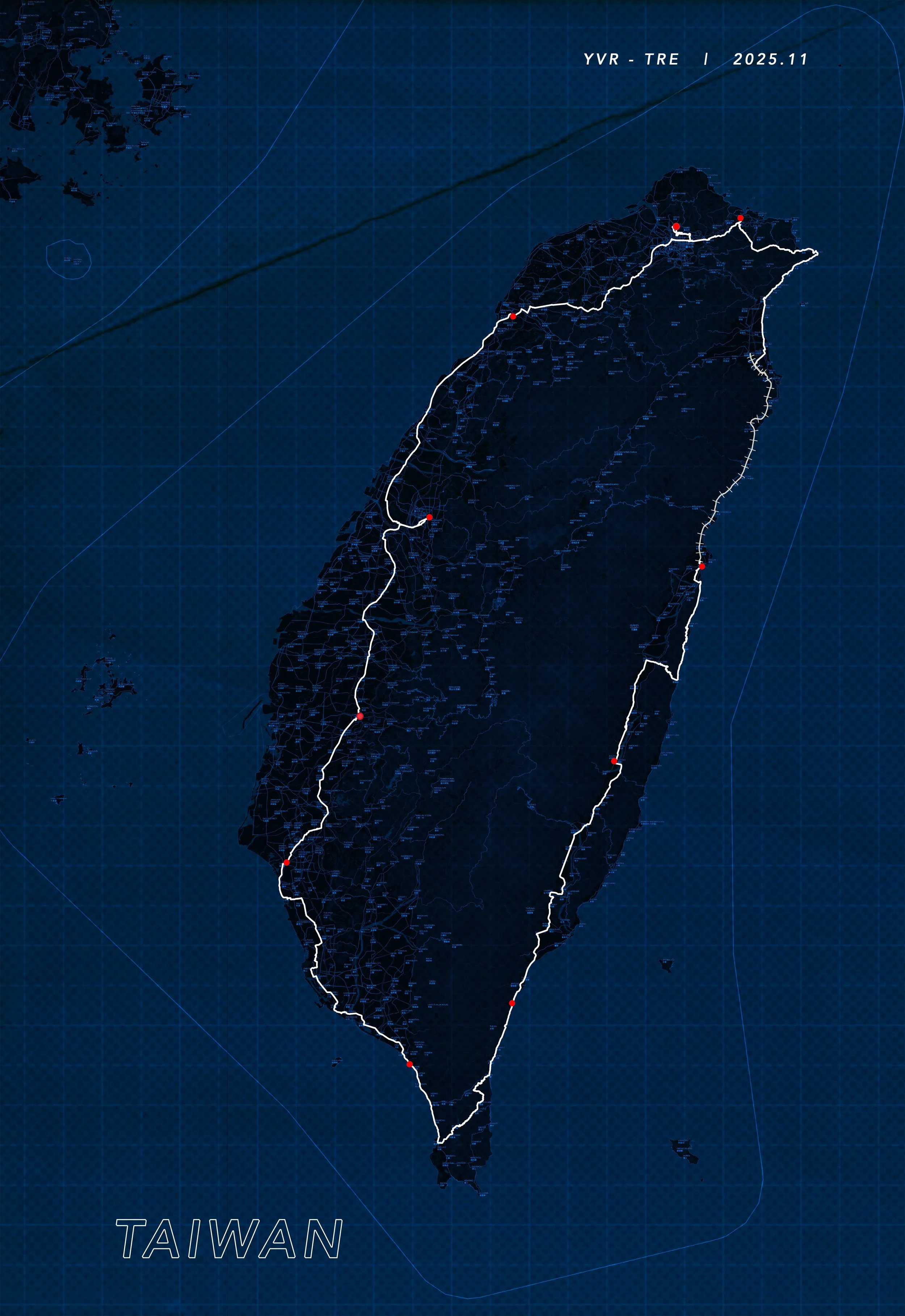 Map of Taiwan showing a route marked in white with red dots, over a dark blue background with grid lines and faint text indicating the year 2025.