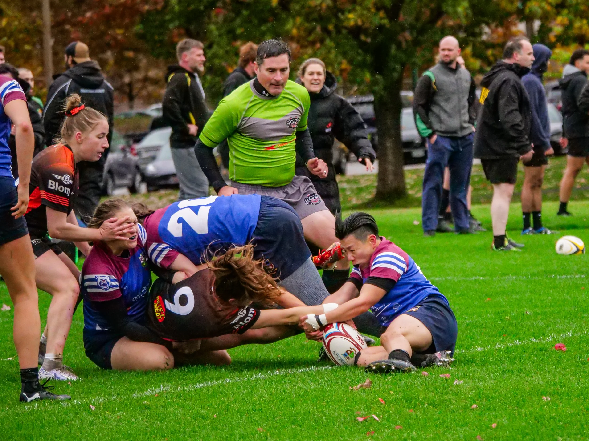 A rugby match with players tackling each other on a grassy field, surrounded by spectators.