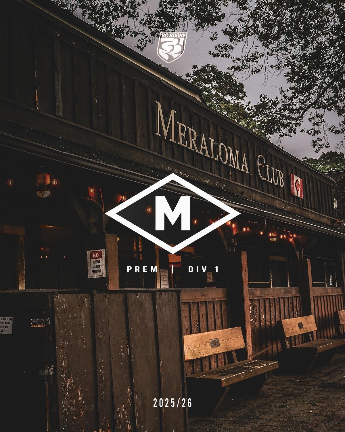 The exterior of Meraloma Club, a wooden building with outdoor benches, a sign that says 'Meraloma Club,' and logos including a large M and a BC Rugby emblem, with trees and a cloudy sky in the background.