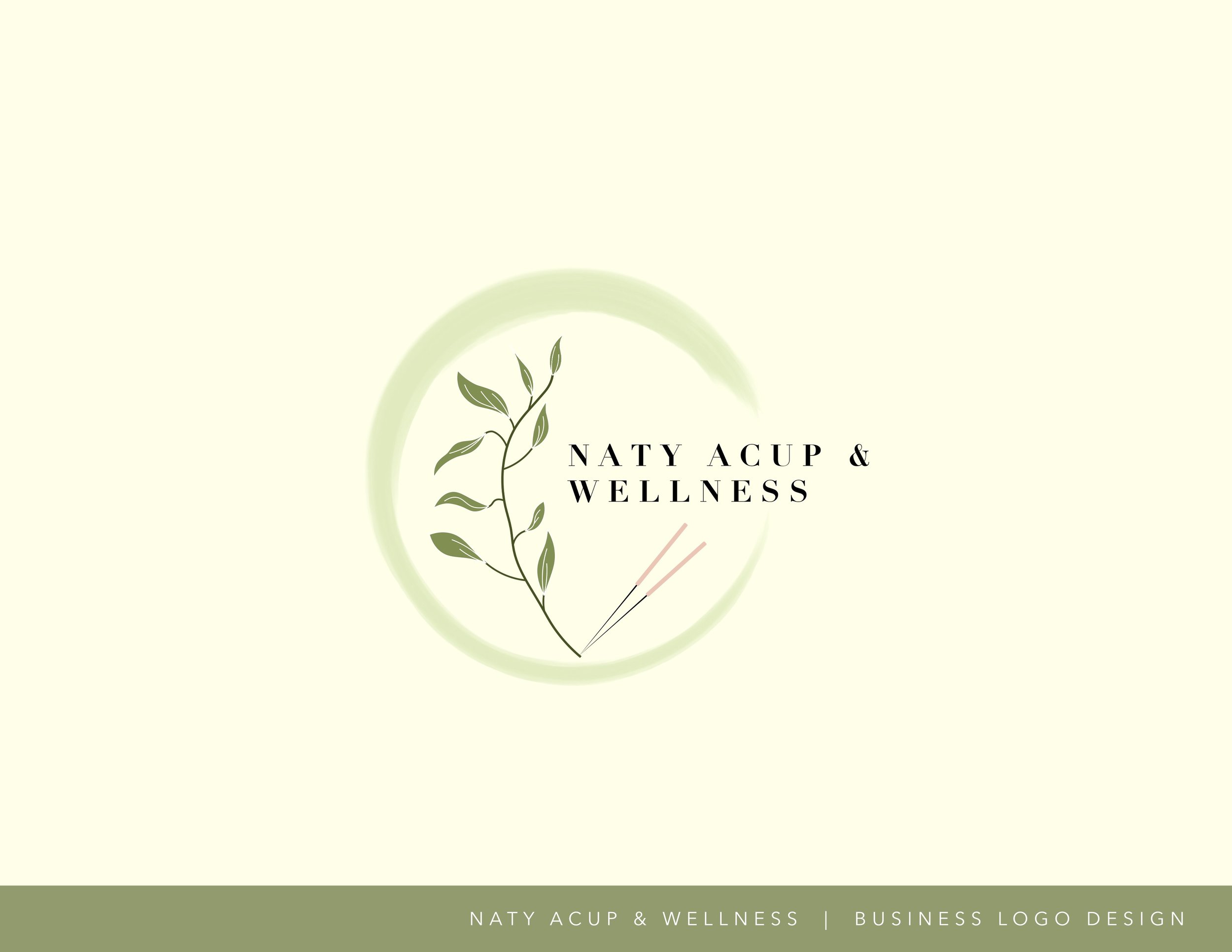 Logo for Naty Acup & Wellness featuring a green leafy branch, a soft green circle, and acupuncture needles. Text reads 'Naty Acup & Wellness'.