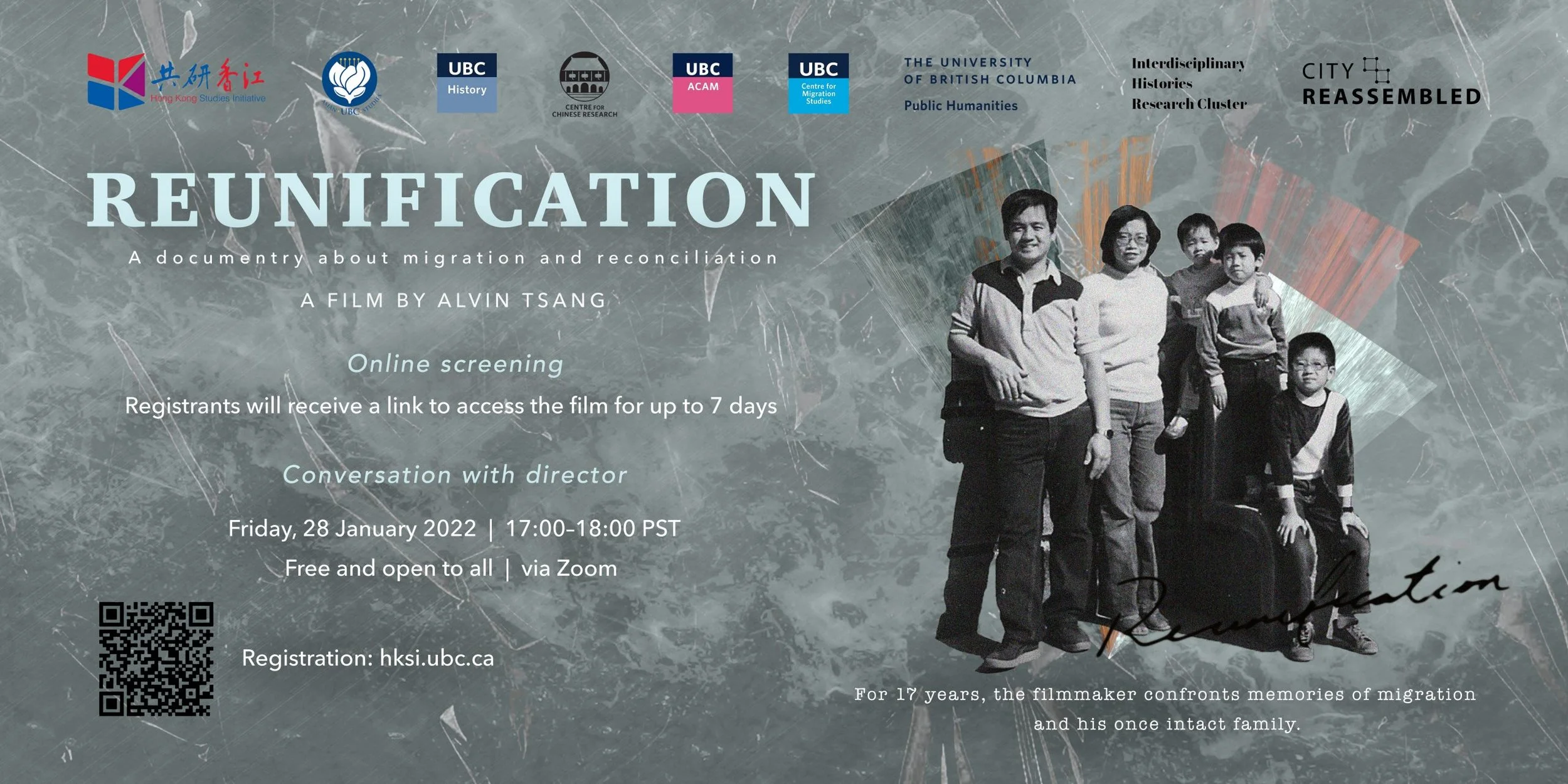 Promotional poster for the film 'Reunification', a documentary about migration and reconciliation, showing a black and white family photo with five people and a suitcase, with various logos and event details including online screening and discussion.