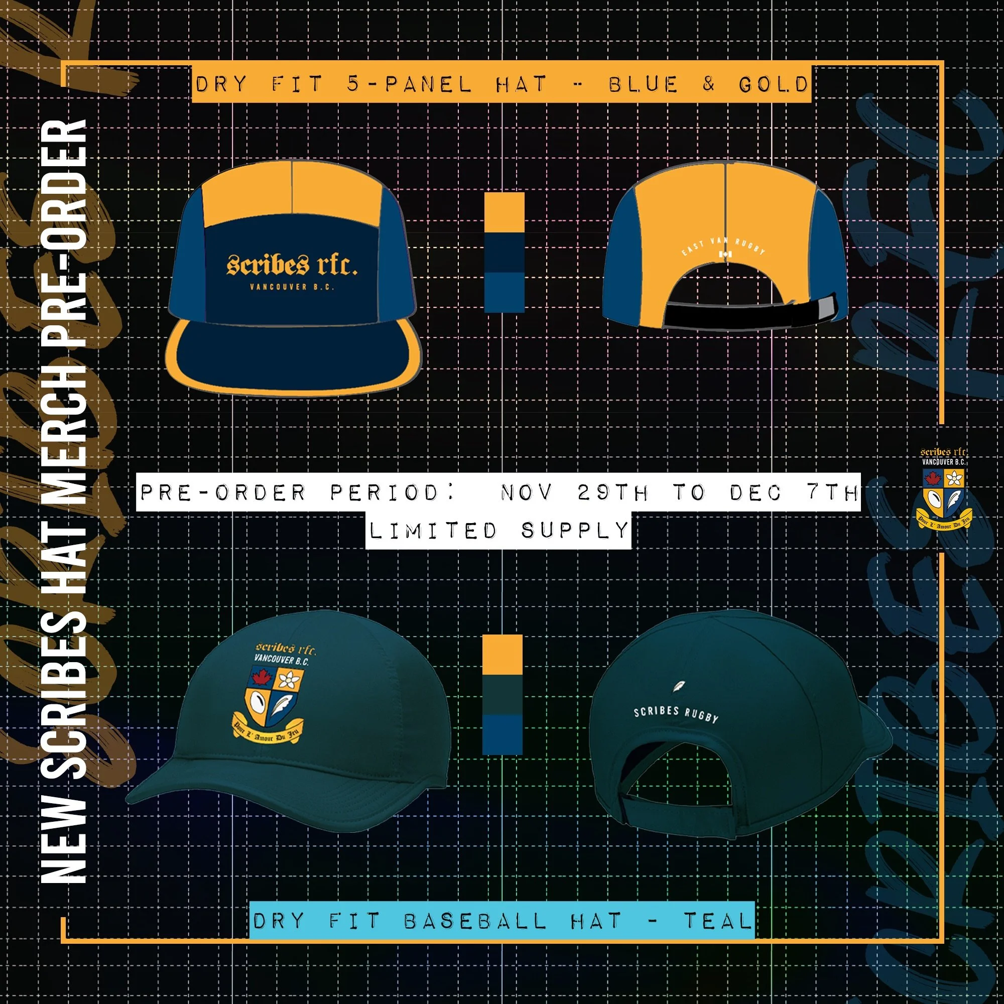 Display of new Scribes RFC rugby hats, including a five-panel hat and a baseball hat in blue and gold colors, with pre-order details and limited supply.