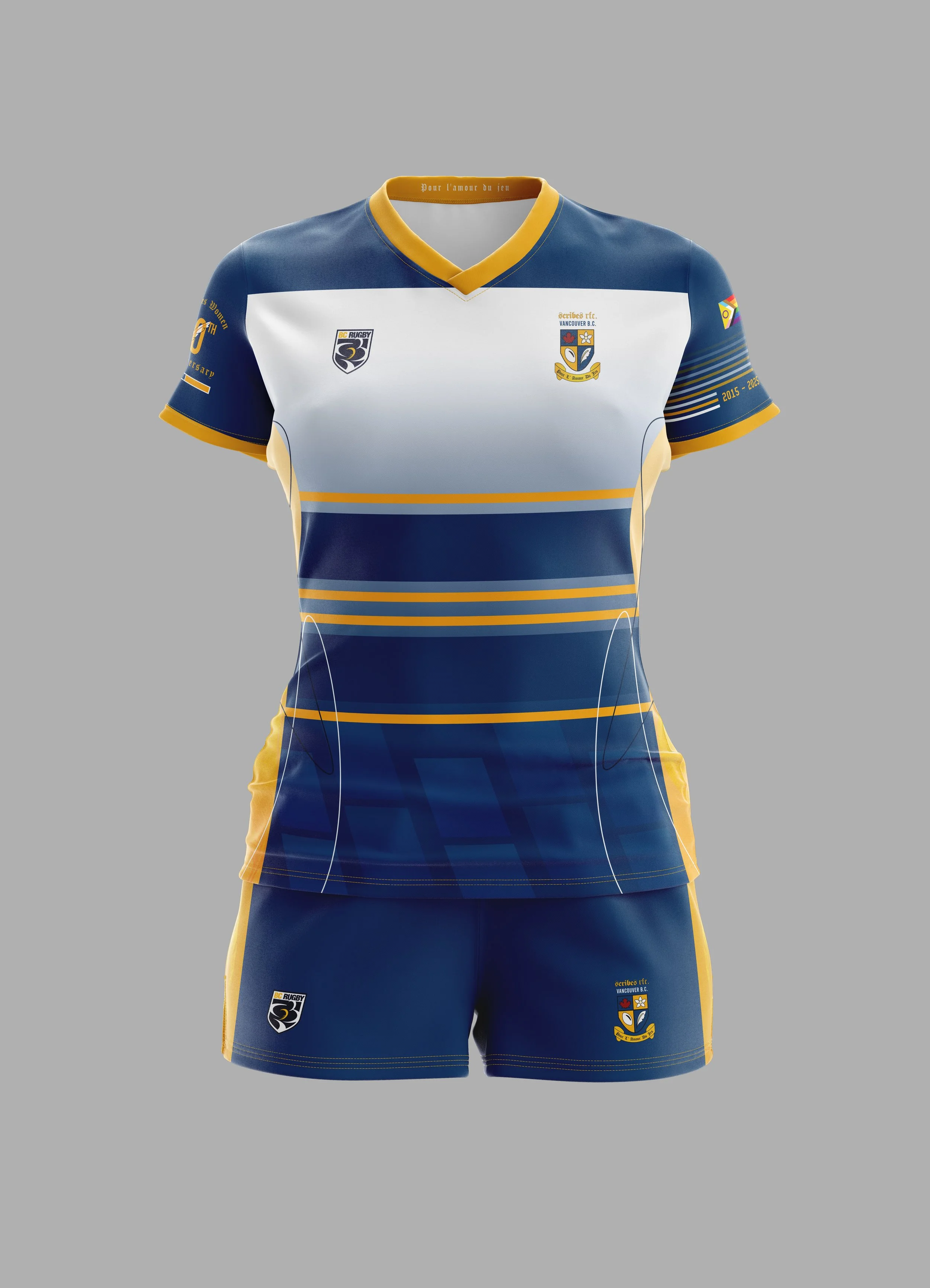 A sports uniform consisting of a blue and white jersey with yellow accents and matching shorts. The jersey has logos and patches on the chest and sleeves, with a yellow collar and trim, set against a plain gray background.