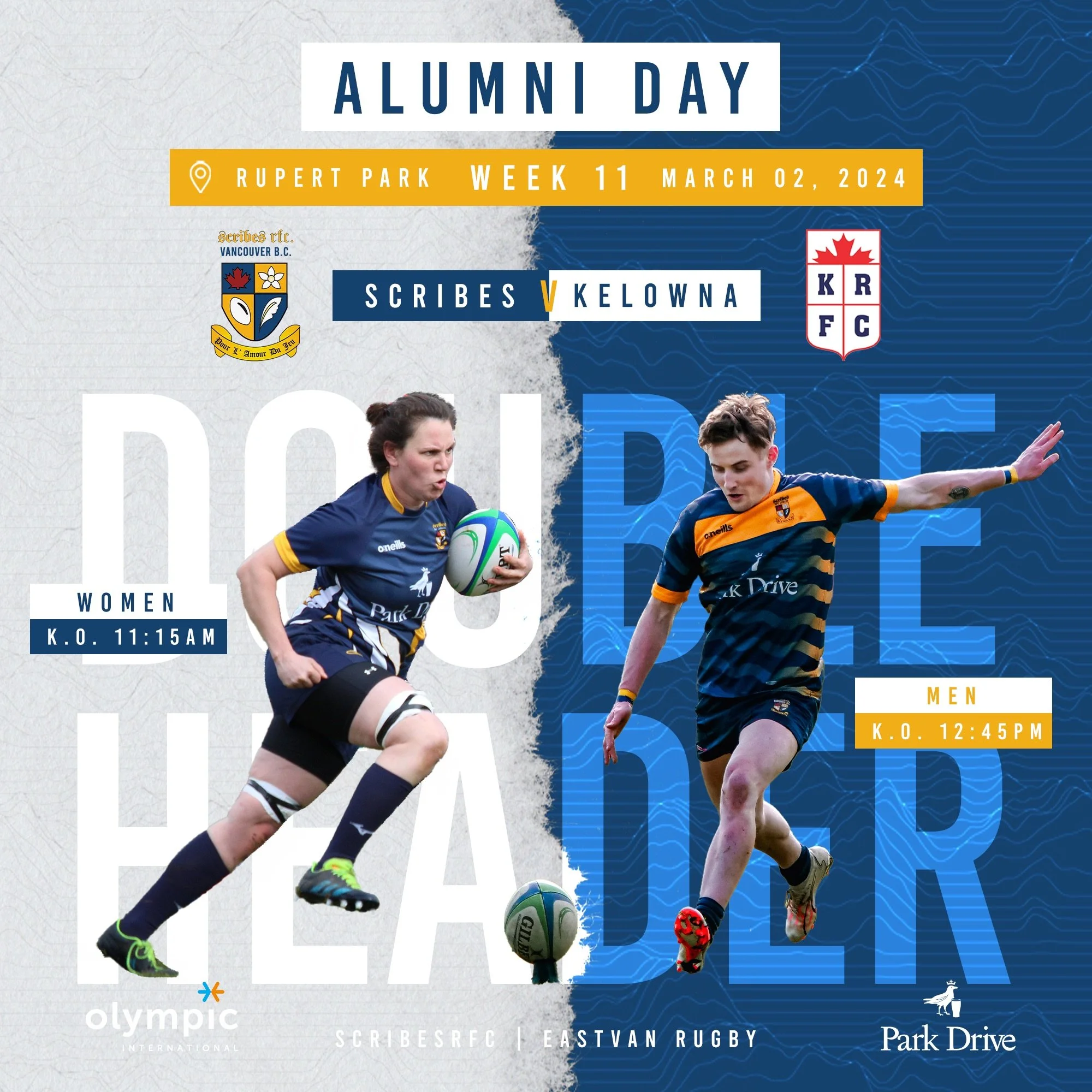 Event poster for alumni rugby matches at Rupert Park on March 2, 2024, featuring women’s game at 11:15 am and men’s game at 12:45 pm, showing a female rugby player holding a ball and a male rugby player in action, with team logos and event details.