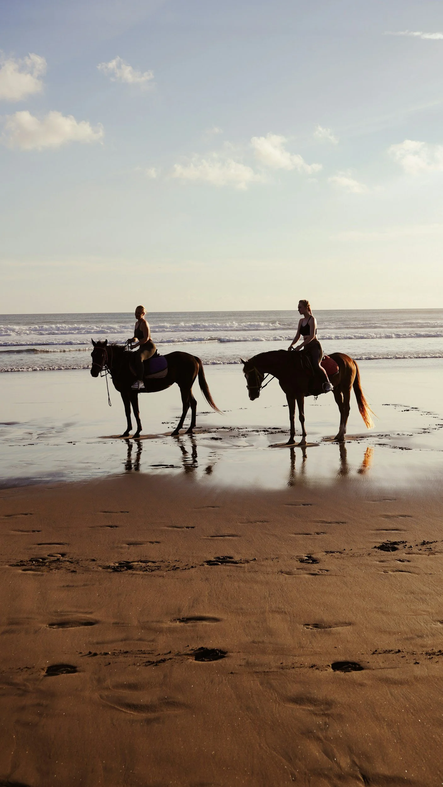 Two people riding horses on the shore at sunset, with the ocean and sky in the background.