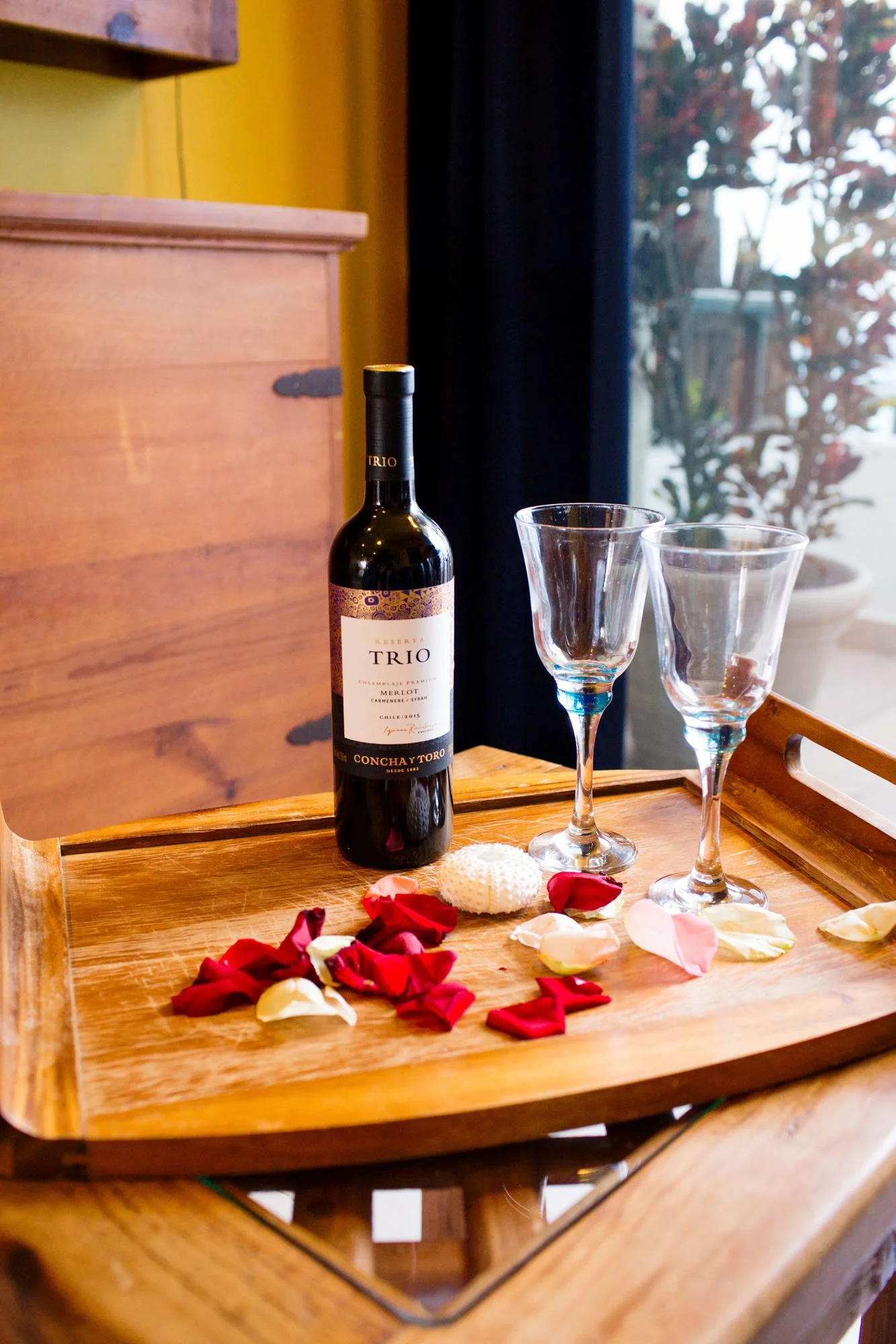 A wooden serving tray with a bottle of red wine, two empty wine glasses, rose petals, seashells, and a piece of coral, set against a window with a plant outside.
