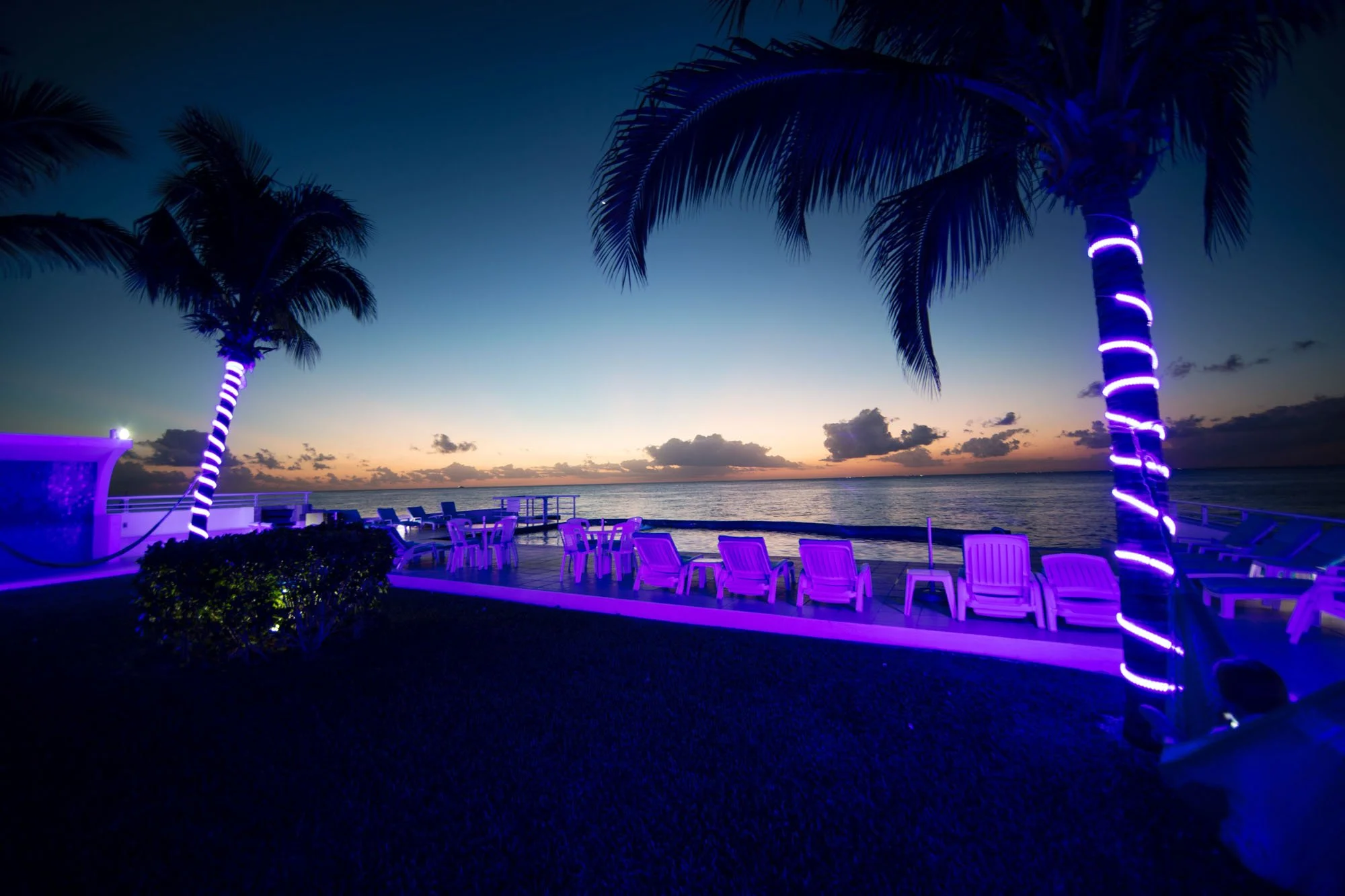 Tropical beach scene at sunset with palm trees wrapped in purple lights, lounge chairs, and tables overlooking the ocean.