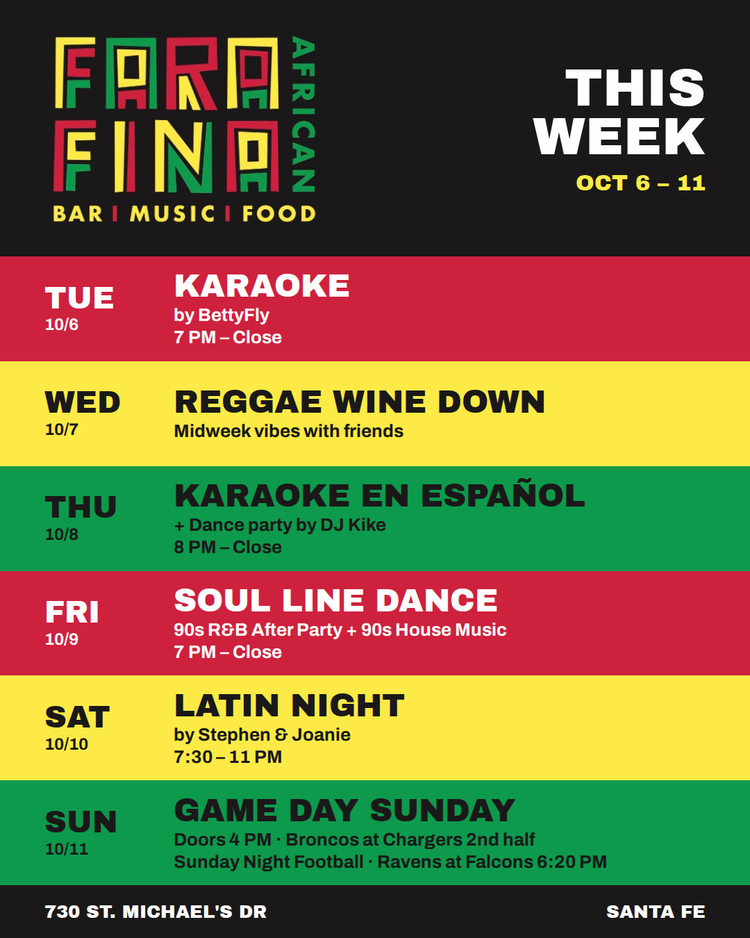 Weekly Events Oct 6-11 at Farafina