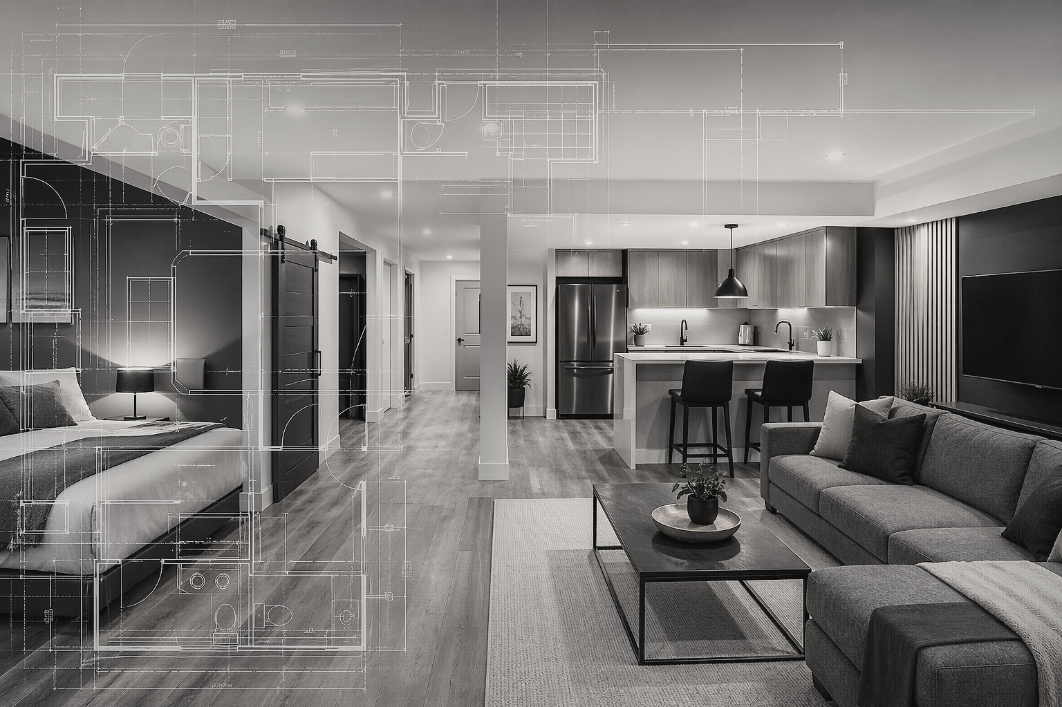 A living room and kitchen area of a modern apartment, with architectural plans overlaid on the image. The room has a gray sofa, a coffee table, and a television, with a kitchen featuring a refrigerator, sink, and bar stools. The space includes hardwood flooring and contemporary lighting.