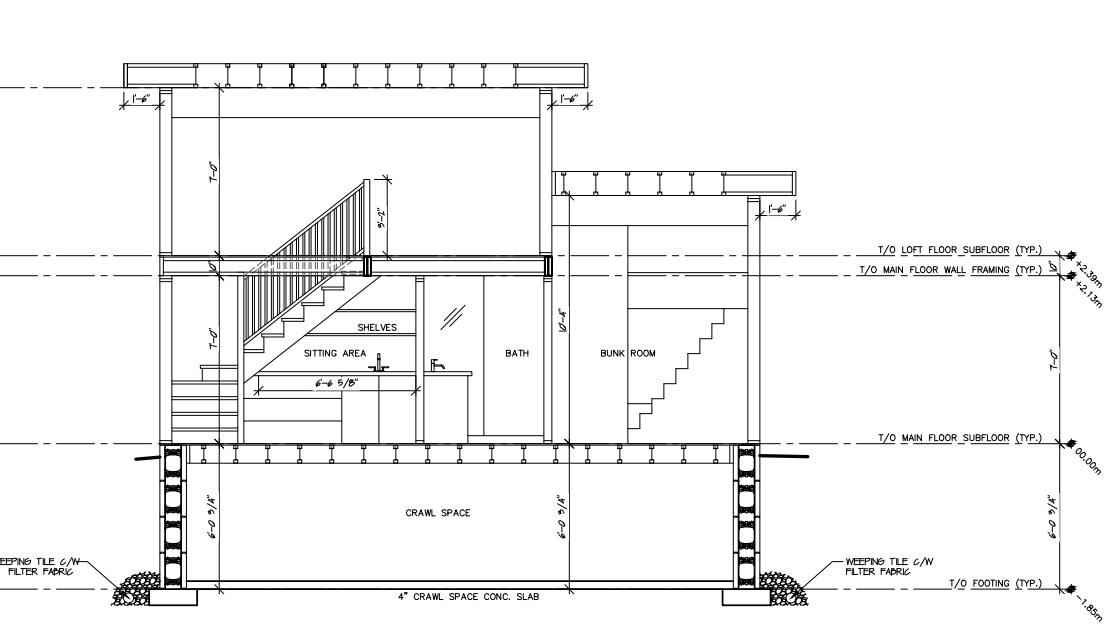 Architectural cross-section of a building showing a crawl space, main floor, bathroom, sitting area, and staircase, with detailed measurements and construction elements.