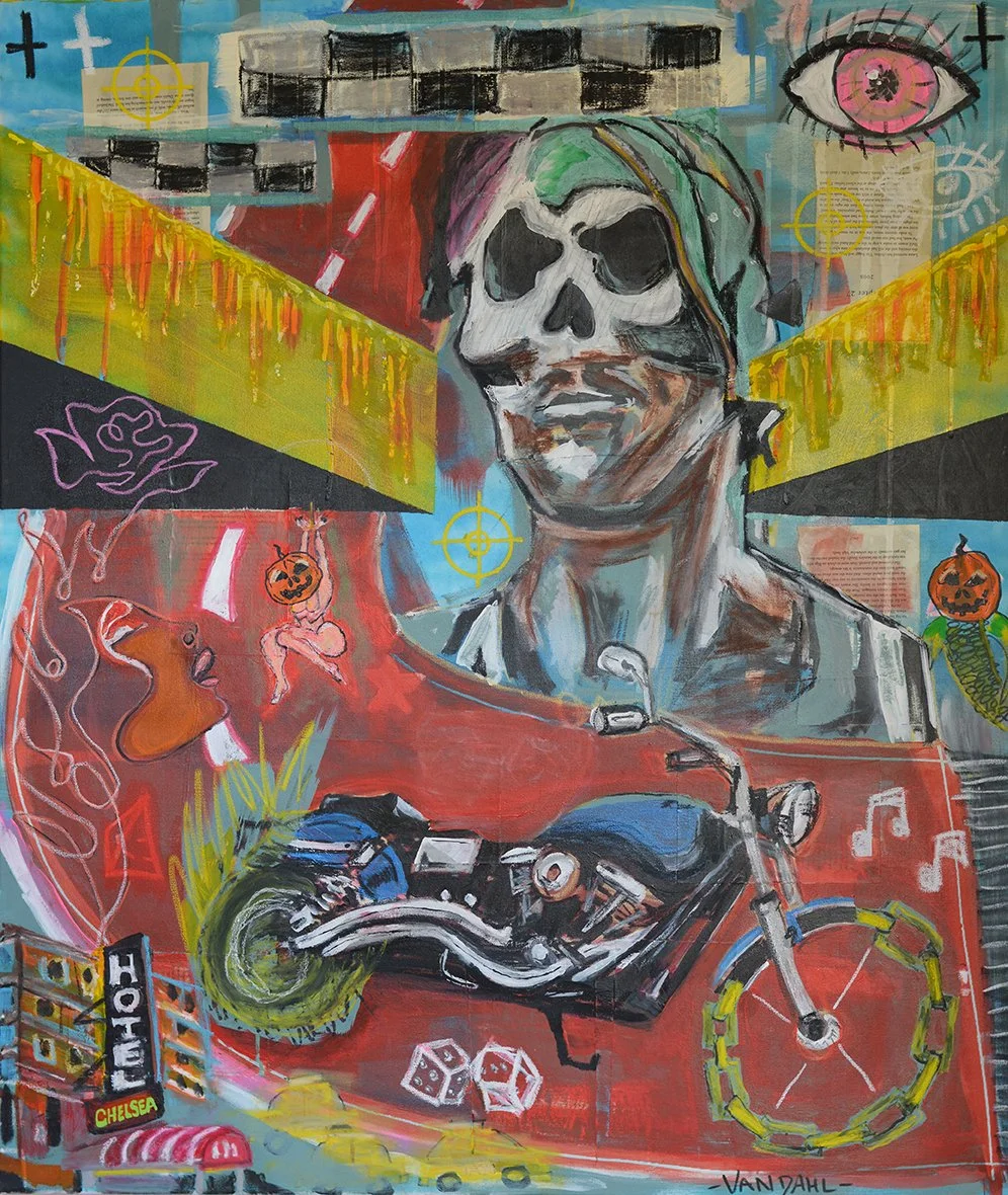 Street art mural featuring a skull-wearing individual with sunglasses, a motorcycle, a red car, neon flowers, pumpkins, dice, musical notes, and various abstract elements and symbols.