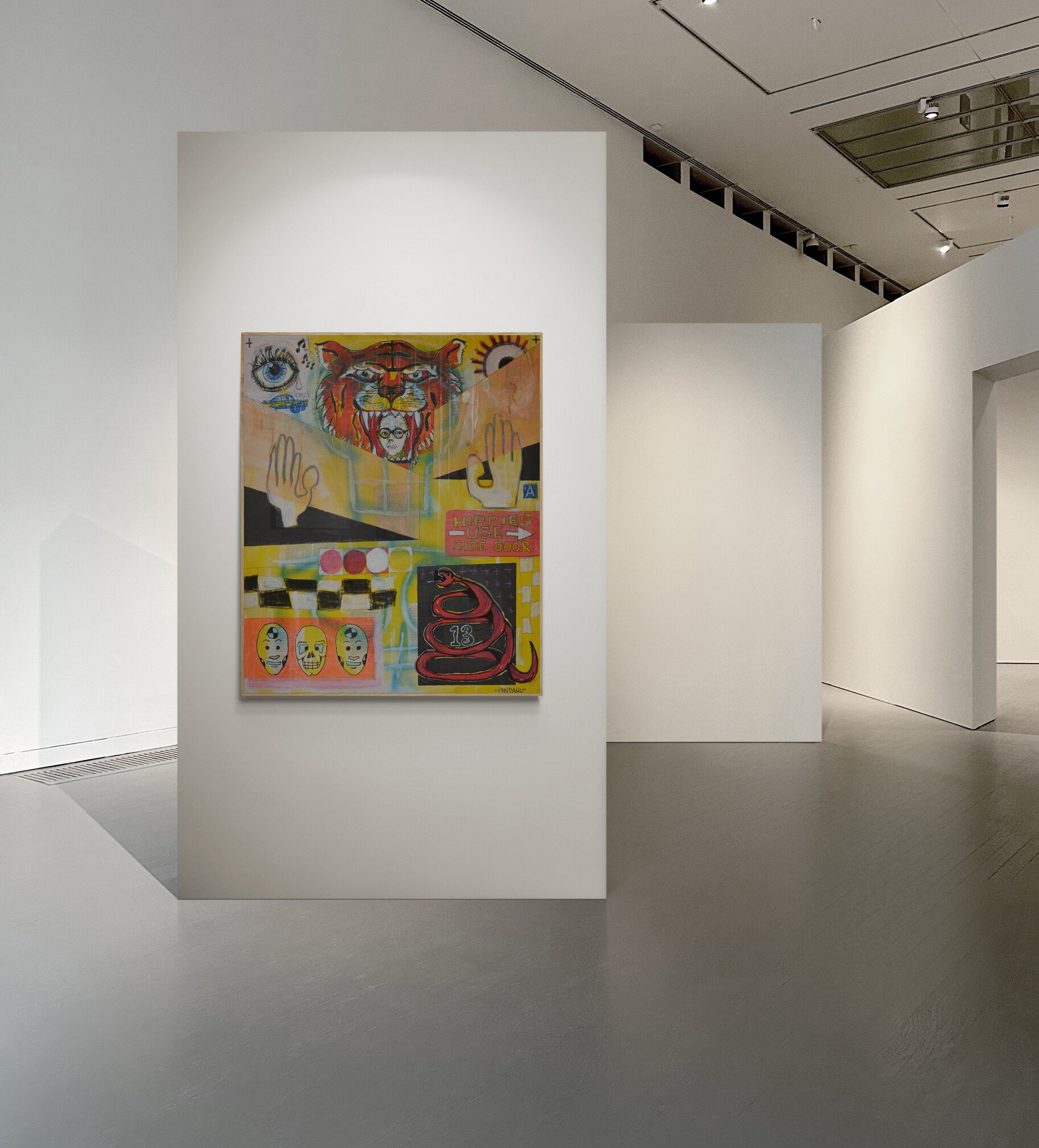 Colorful contemporary painting featuring a tiger's face, an eye, a snake, and various abstract elements displayed on a white gallery wall.