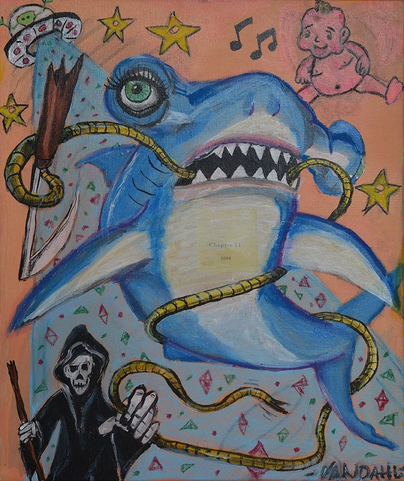 A colorful painting of a shark with exaggerated features, including a large eye, sharp teeth, and yellow hoses entangled around its body. The background is pink with yellow stars, musical notes, a happy baby, and a Grim Reaper figure holding a scythe.