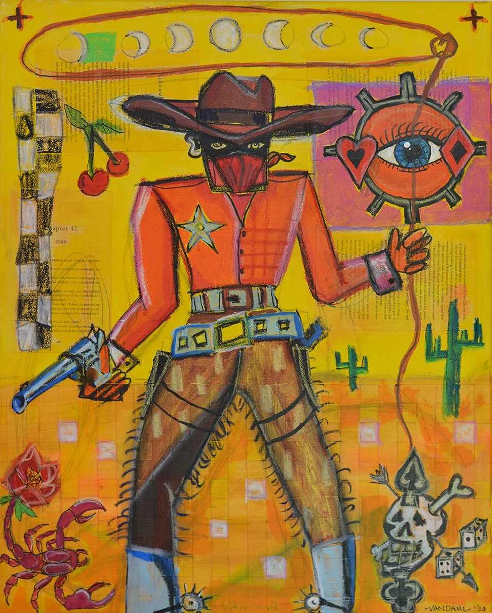 A colorful abstract painting of a cowboy figure with a red bandana covering his face, a sheriff badge, a cowboy hat, holding a gun and a staff with an eye and heart symbols, with a background featuring a moon phase cycle, cacti, a skull, a scorpion, and dice.