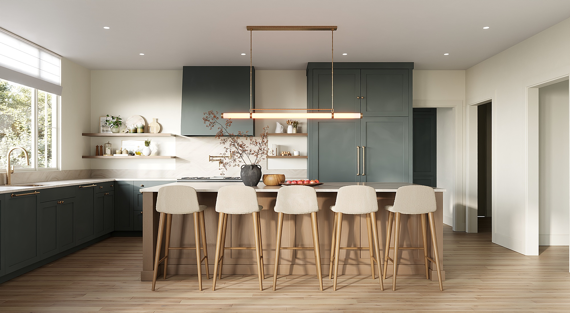 Modern kitchen with navy green cabinets, white countertops, open shelving with decorative items, a kitchen island with beige bar stools, a large window, and minimalistic decor.
