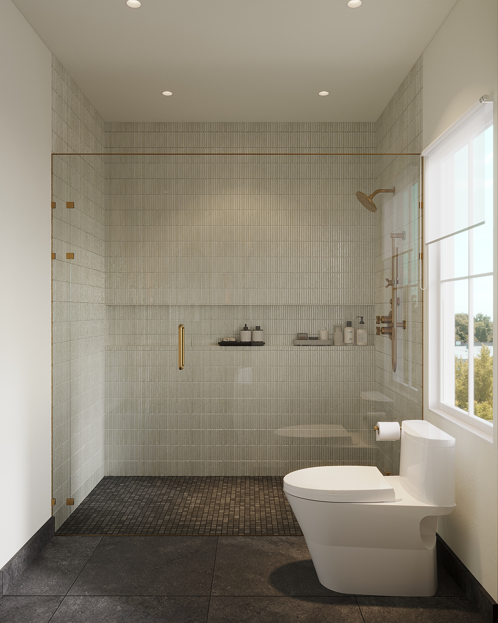 Modern bathroom with a toilet, a glass-enclosed shower area with a rain showerhead, a large window, and minimal decor.