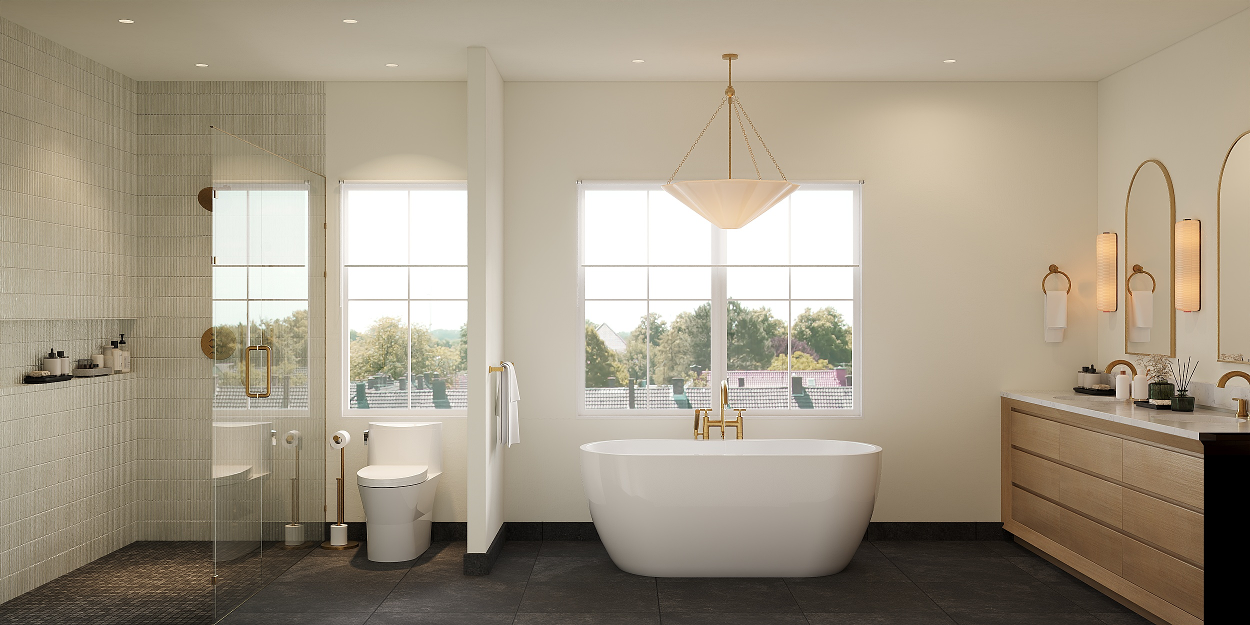 Modern bathroom featuring a freestanding bathtub beneath large windows, a sleek vanity with a wooden cabinet, and a shower area with glass enclosure and natural stone wall tiles.