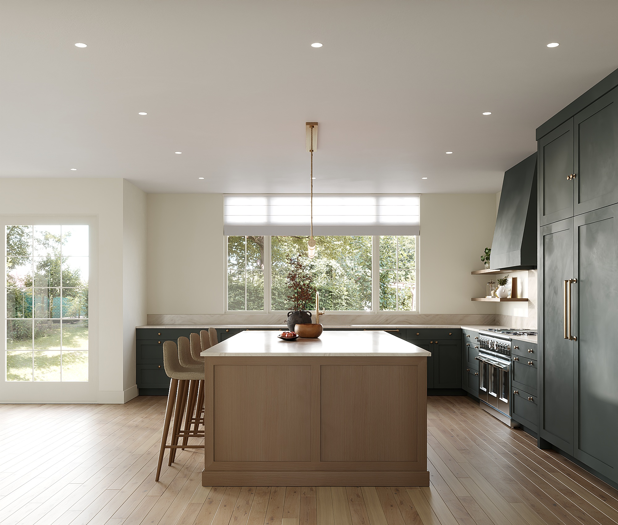 Modern kitchen with large island, dark green cabinets, wooden stools, white countertops, large windows, and a view of trees outside.