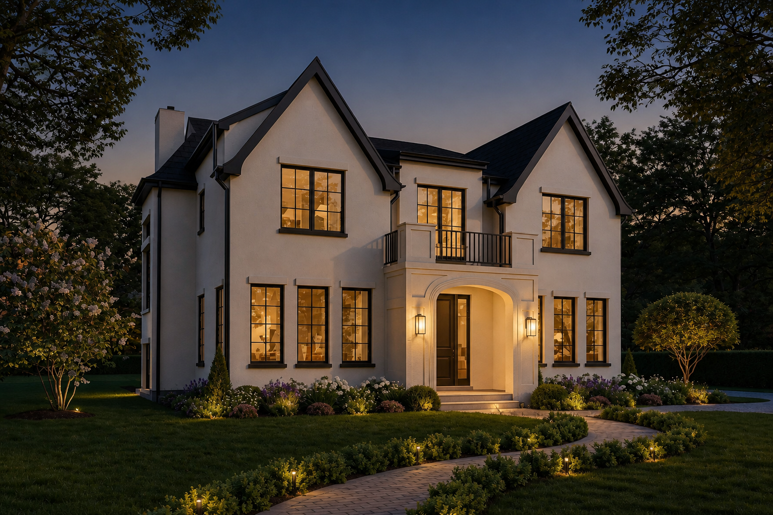 Elegant two-story house with warm lights emanating from the windows, surrounded by a well-manicured garden with pathway and outdoor lighting at dusk.