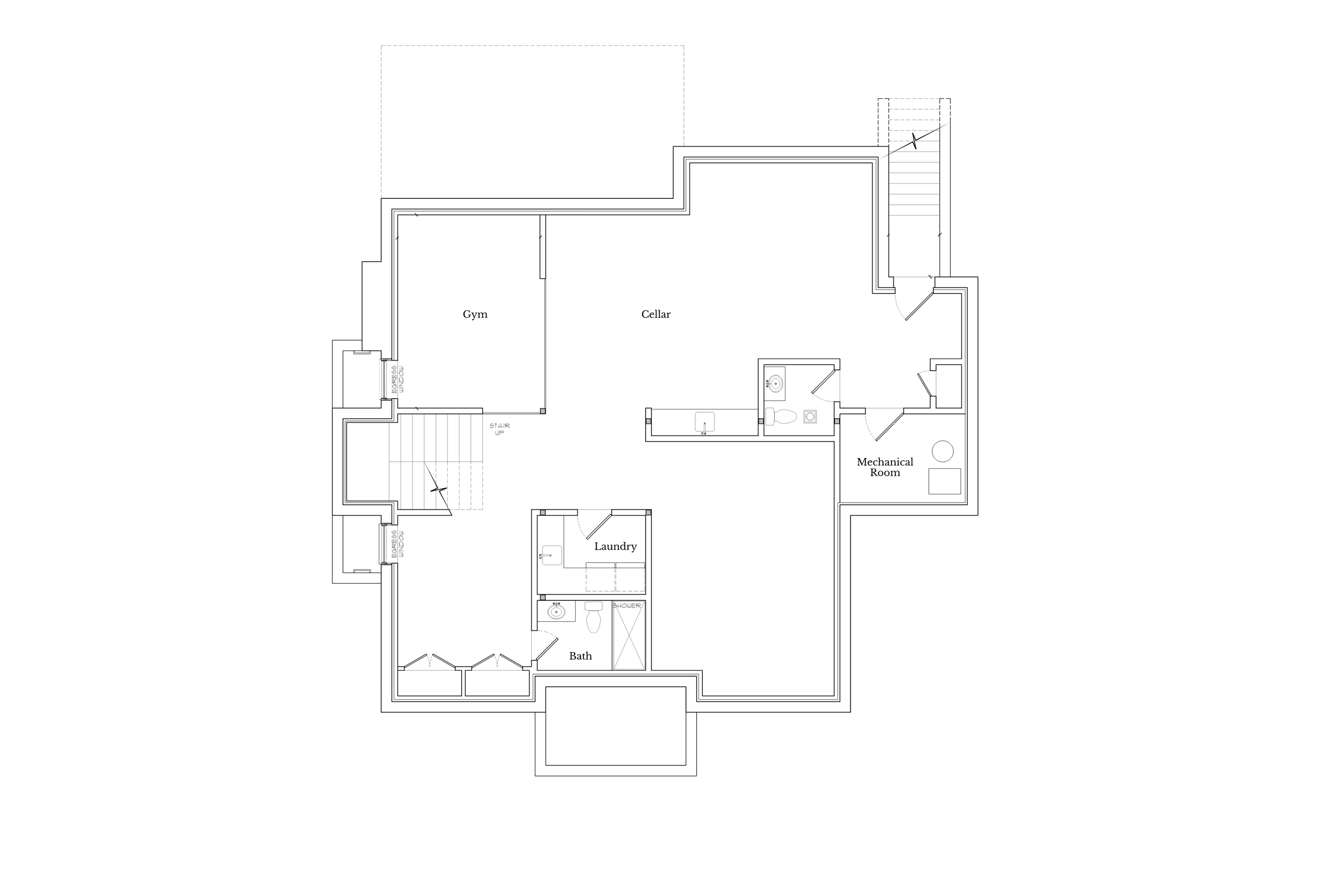 Floor plan of a house basement showing a gym, cellar, laundry room, mechanical room, bathroom, and stairway.