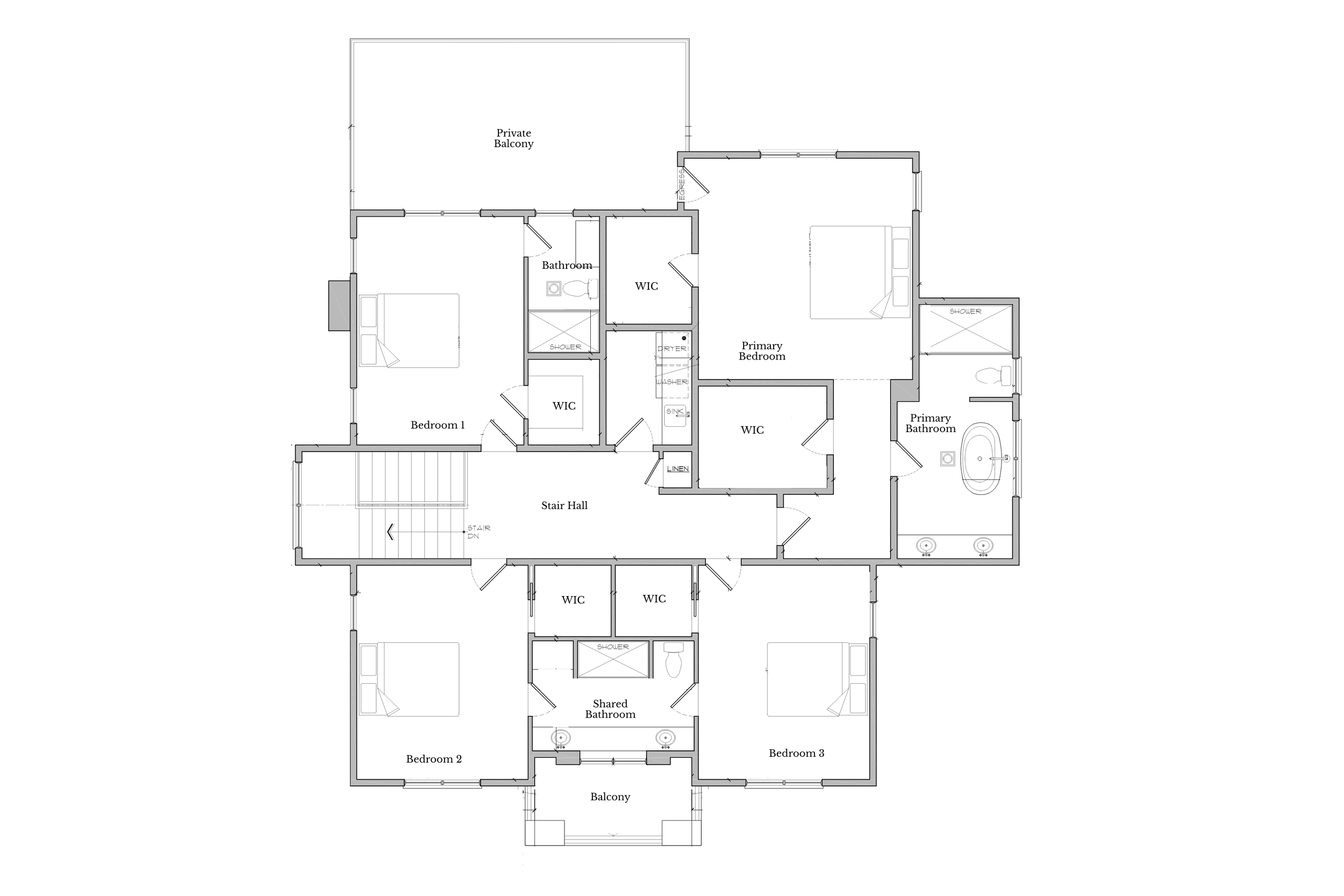 A detailed architectural floor plan of a house, showing multiple bedrooms, bathrooms, walk-in closets, balconies, a stair hall, and various rooms with labeled features.