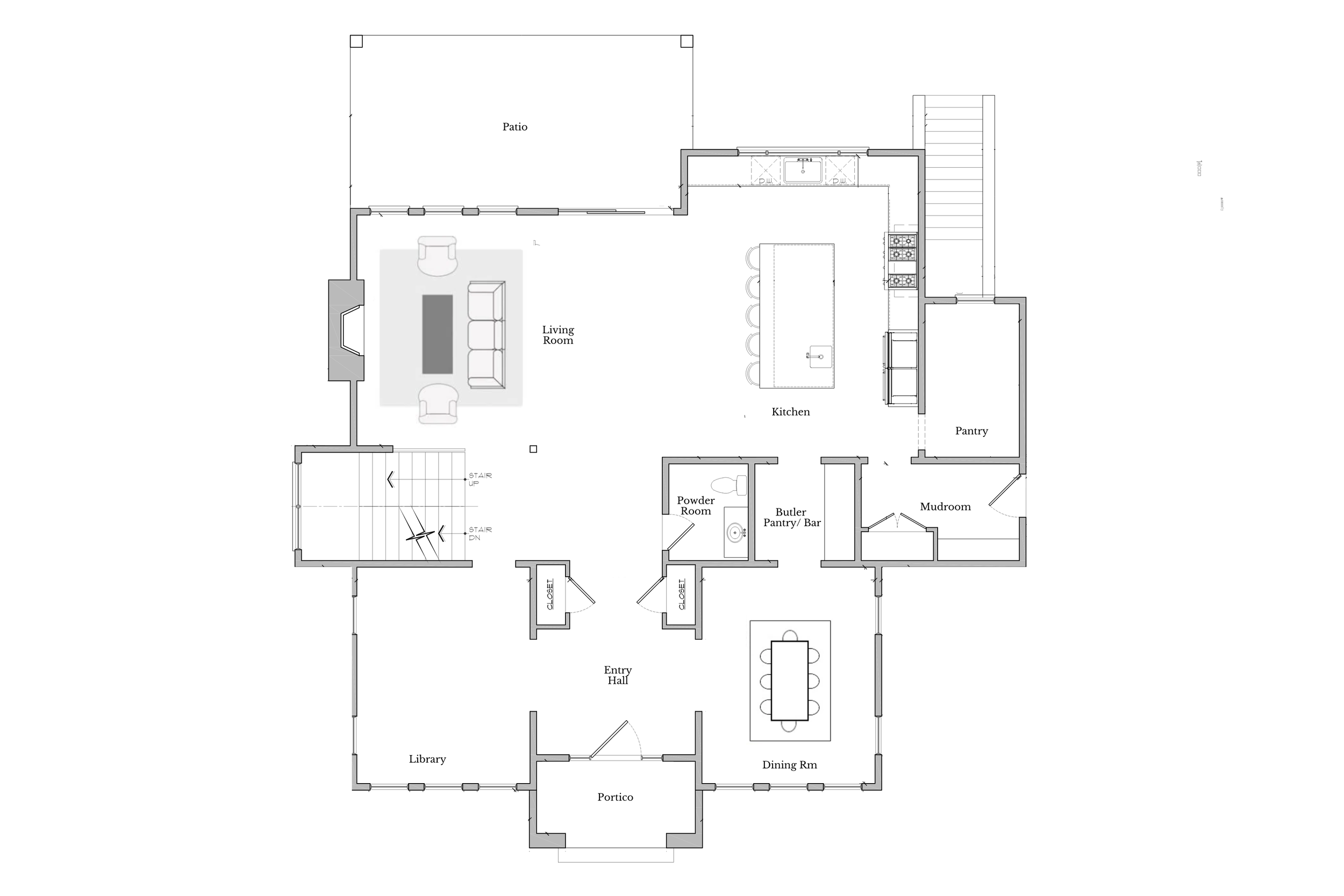 Floor plan of a house with labeled rooms including living room, kitchen, pantry, mudroom, dining room, library, entry hall, porch, powder room, butler pantry/bar, closets, patio, and stairs.