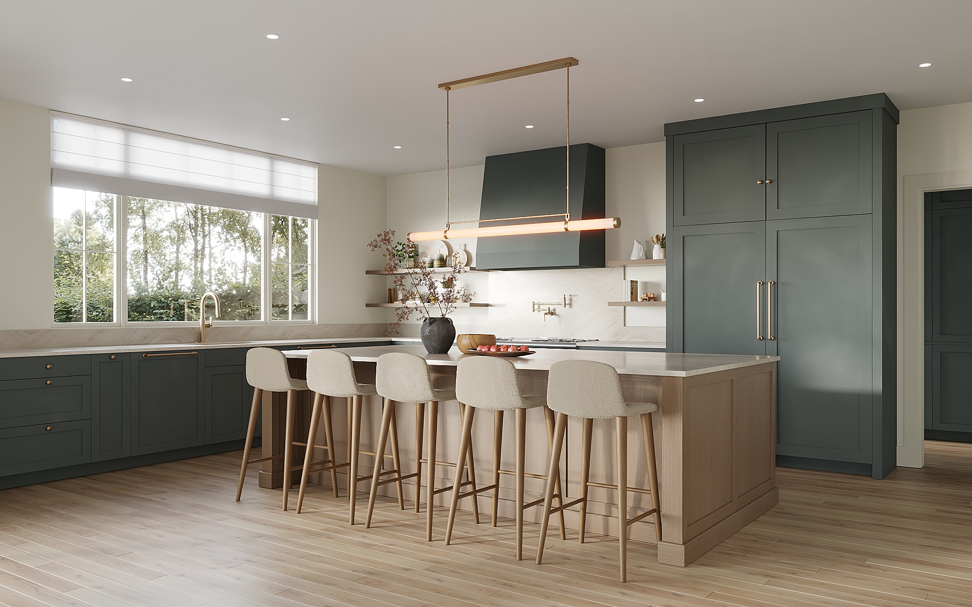 Modern kitchen with large window, green cabinets, beige island with seating, white countertop, hanging light fixture, decorative items, and light wood flooring.
