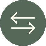 Two horizontal arrows, one pointing left and the other pointing right, on a dark circular background.