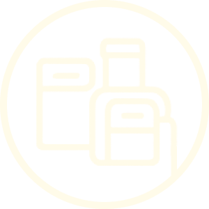 Line drawing of three spray bottles inside a circle.
