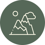 Minimalist icon of mountains, a tree, snow, sun, and cloud on a green circular background