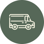 Simple line drawing of a delivery truck on a dark green circular background.