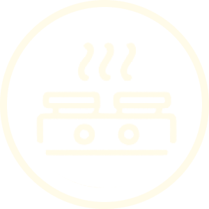 Icon of a stove with two burners and steam rising, inside a circular border.