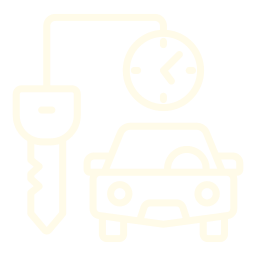 Outline of a car with a key, a clock, and a small container or compartment.