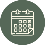 Icon of a calendar with a clock above it on a green background