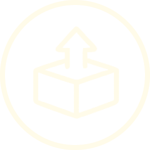 A white outline of a box with an upward arrow above it inside a black circle, indicating packaging or shipping.