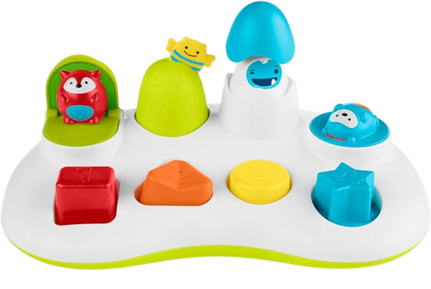 Colorful pop up toy with various buttons and animal figures.
